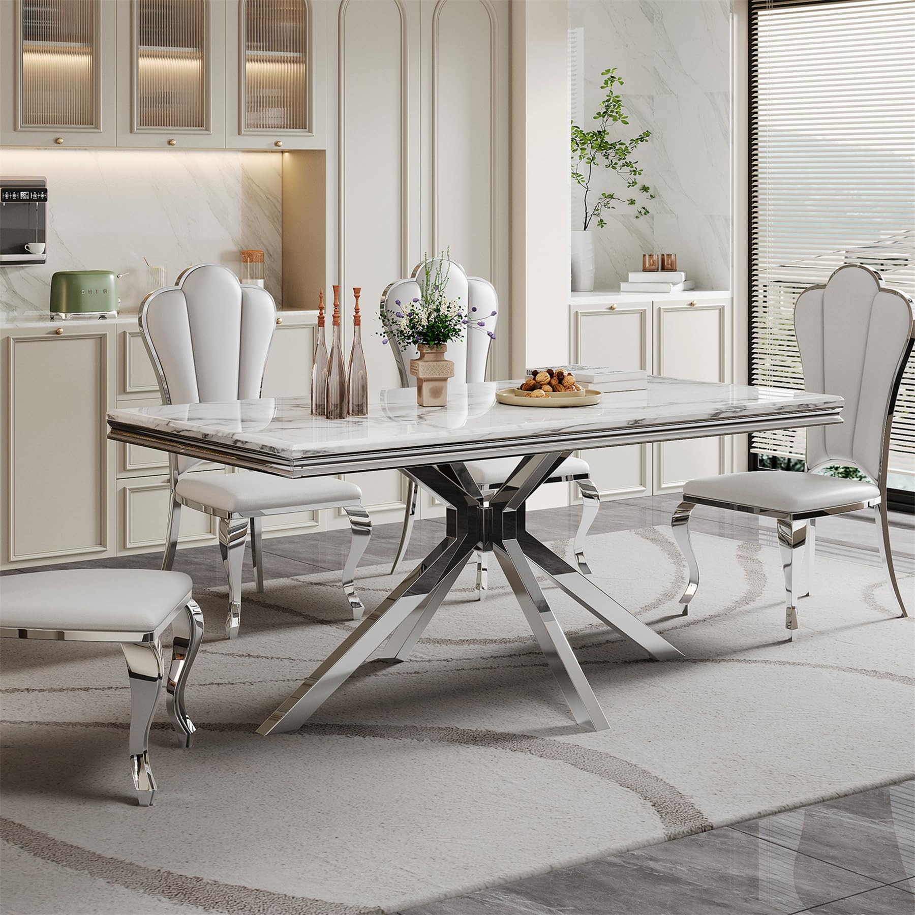 Ssline Modern White Marble Dining Table For Rectangle