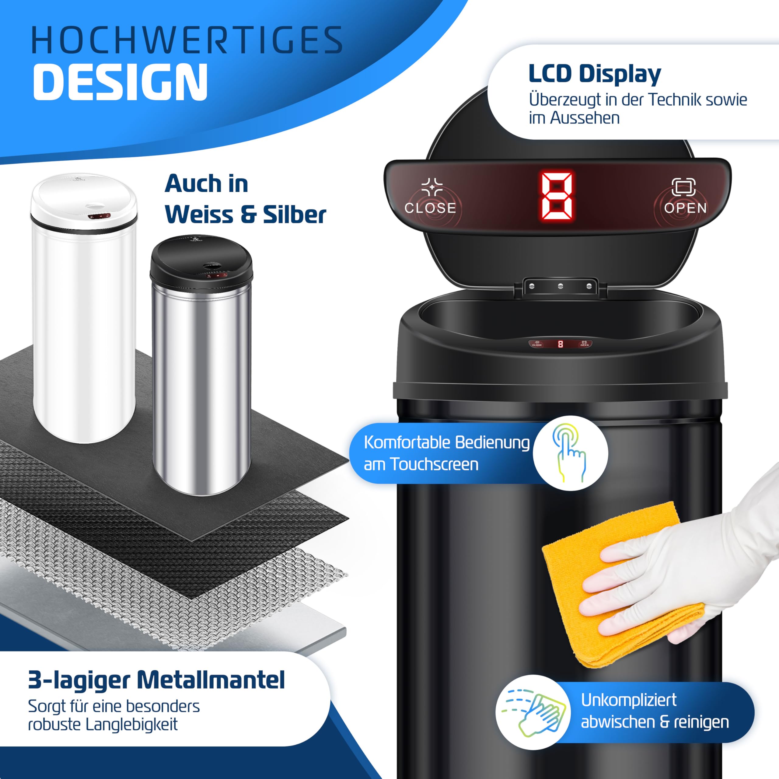KESSER Sensor Mülleimer 56 Liter Edelstahl Schwarz Automatik Abfalleimer