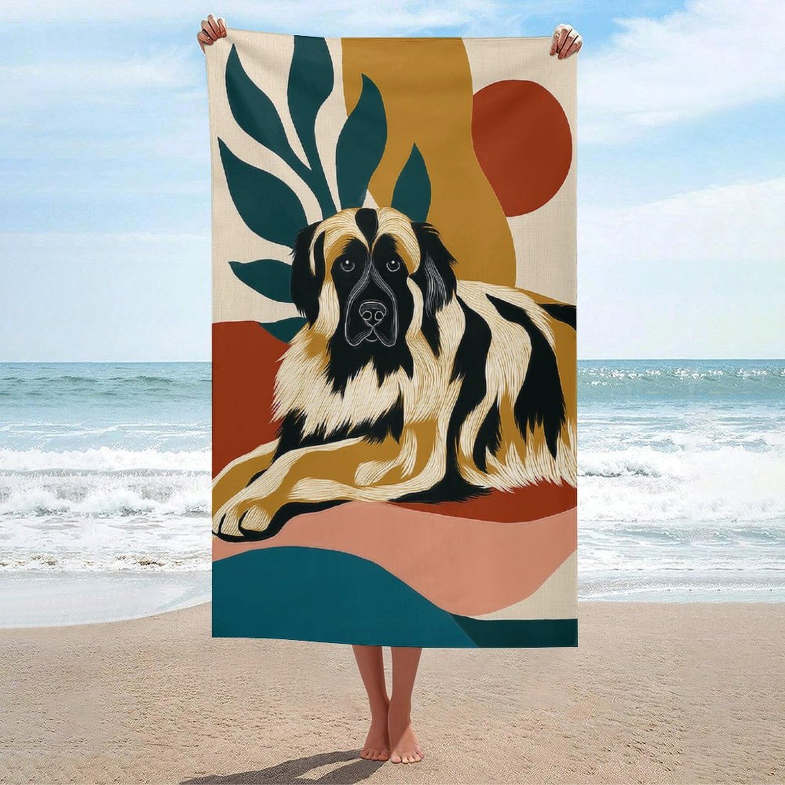 LSRCPD Leonberger Dog Lying Down Beach Towel Sand Free Microfiber Large Shower Towels Multipurpose Absorbent for Bathroom Pool 130x80 CM