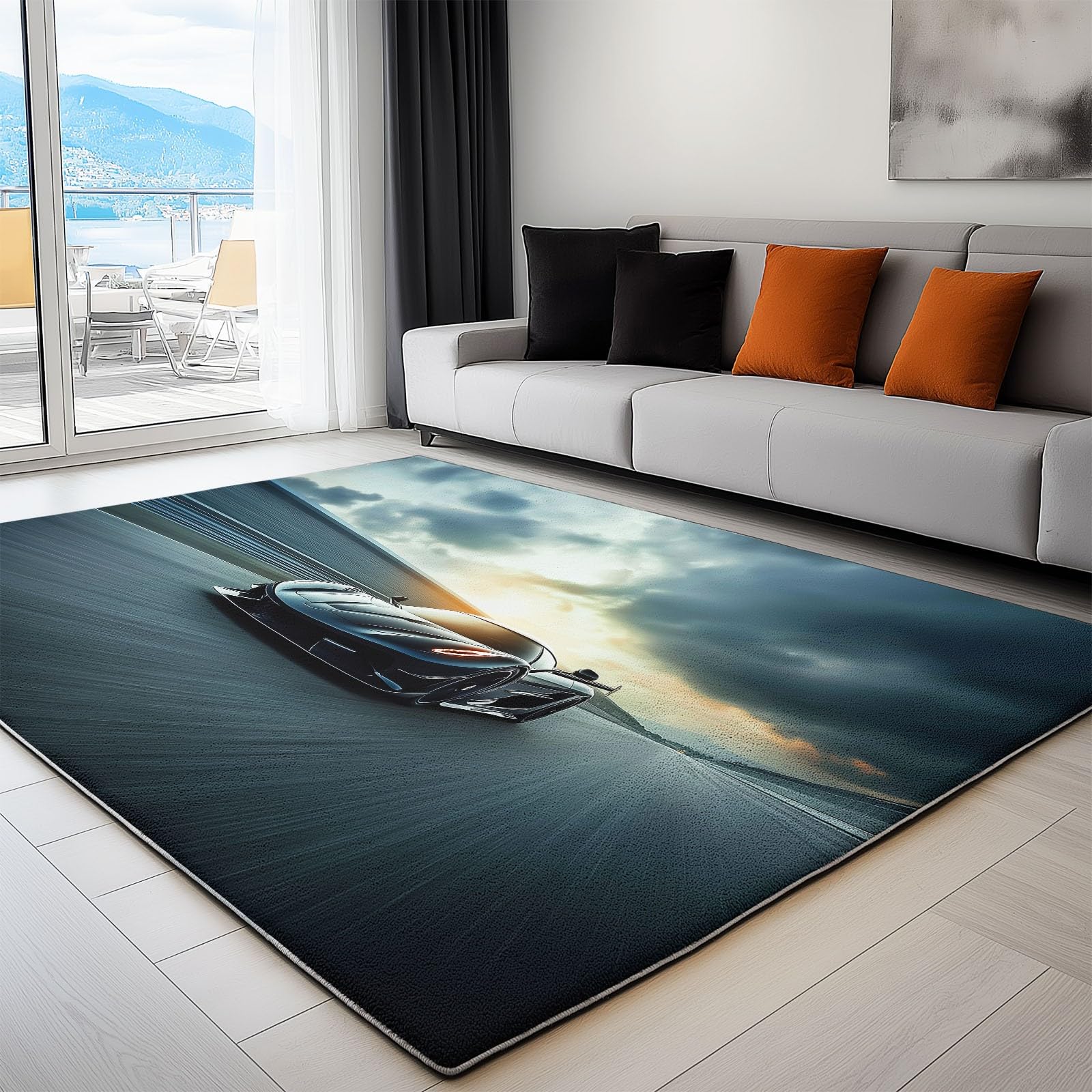 Morbido tappeto a pelo corto, 120 x 180 cm, con veicoli sportivi, lavabile, per soggiorno, camera da letto, sala da pranzo, cameretta dei bambini, blu