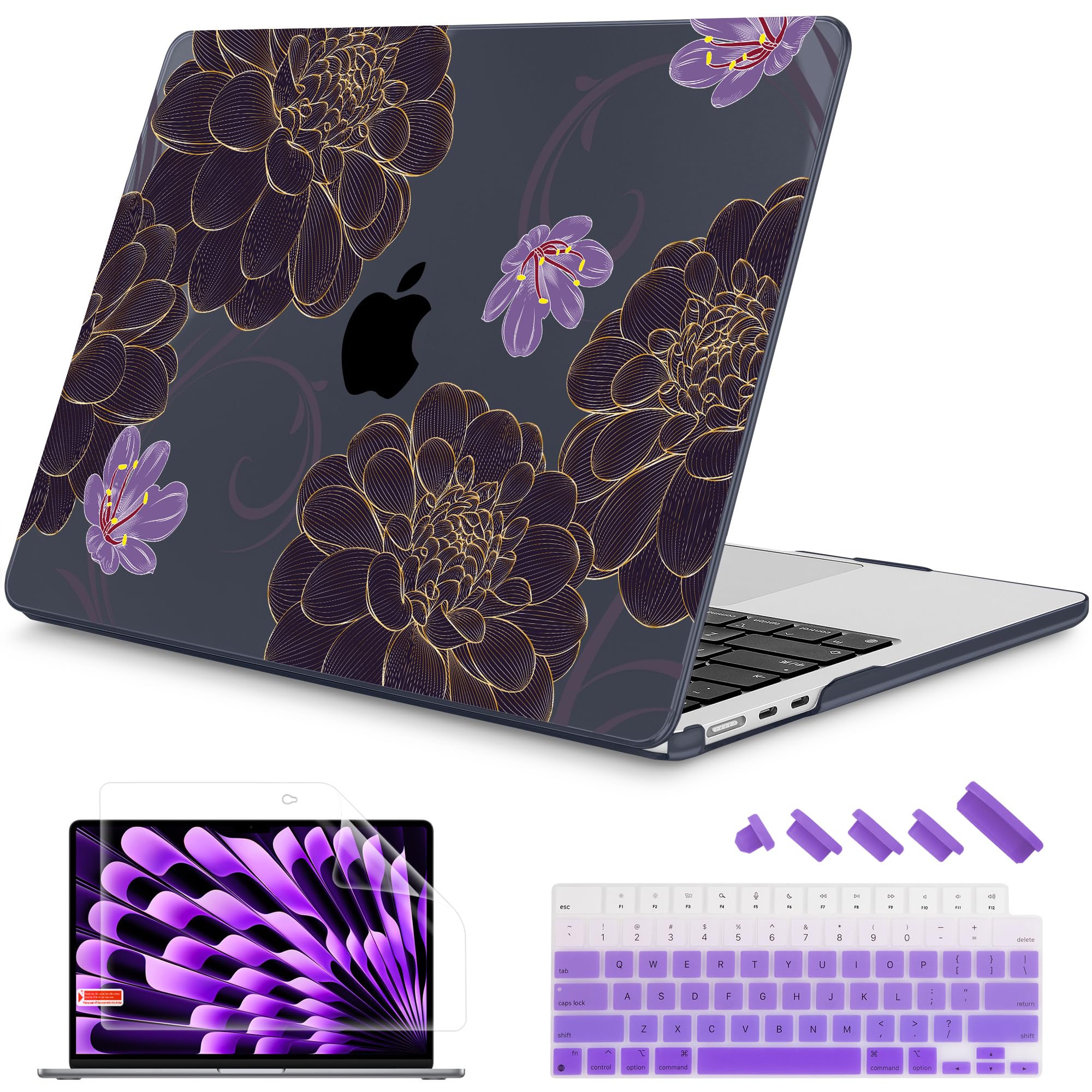 Mektron for 2026/2025/2024/2023 MacBook Air 15 INCH M5 A3448 /M4 A3241 /M3 A3114 /M2 A2941 Case, Printed Plastic Hard Shell Cover with 15.3" Liquid Retina Display Touch ID, Golden Dahlia Flowers