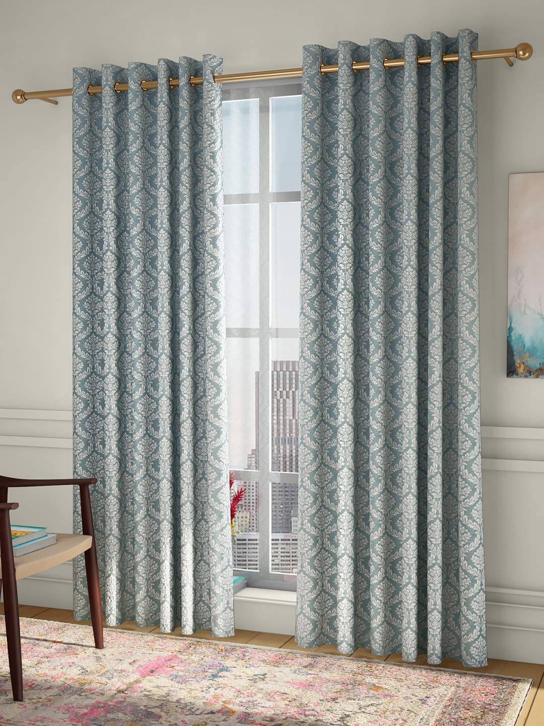 Curtain Label Set of 2 Pulse Jacquard Eyelet Pleat Curtain - 4.5 X 9 Feet, Bottle Green