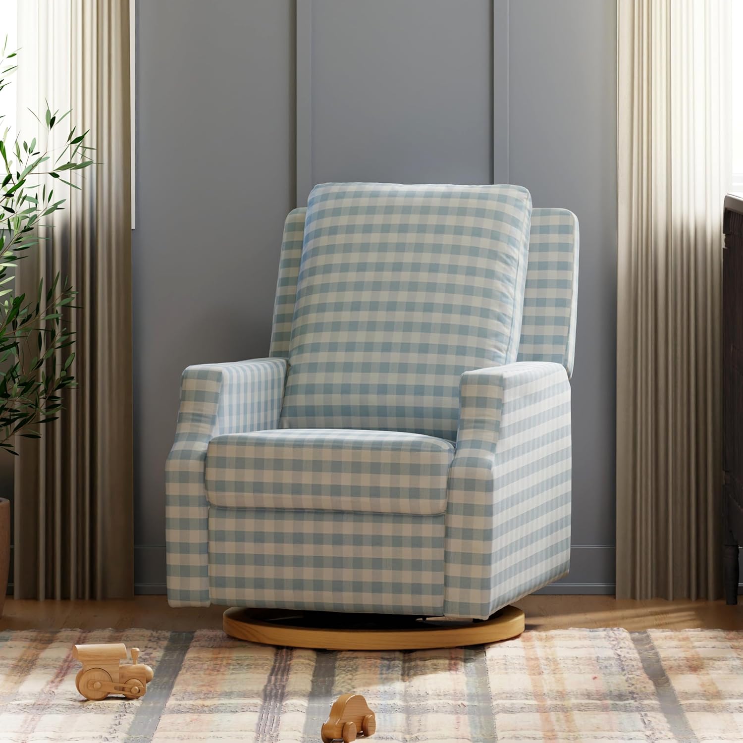 Namesake Crewe Glider Recliner Nursery Chair - GREENGUARD Gold & Certi-PUR US Certified Rocker Recliner - Glider Rocking Chair for Nursery & Living Room - Manual, 360° Swivel, Blue Gingham