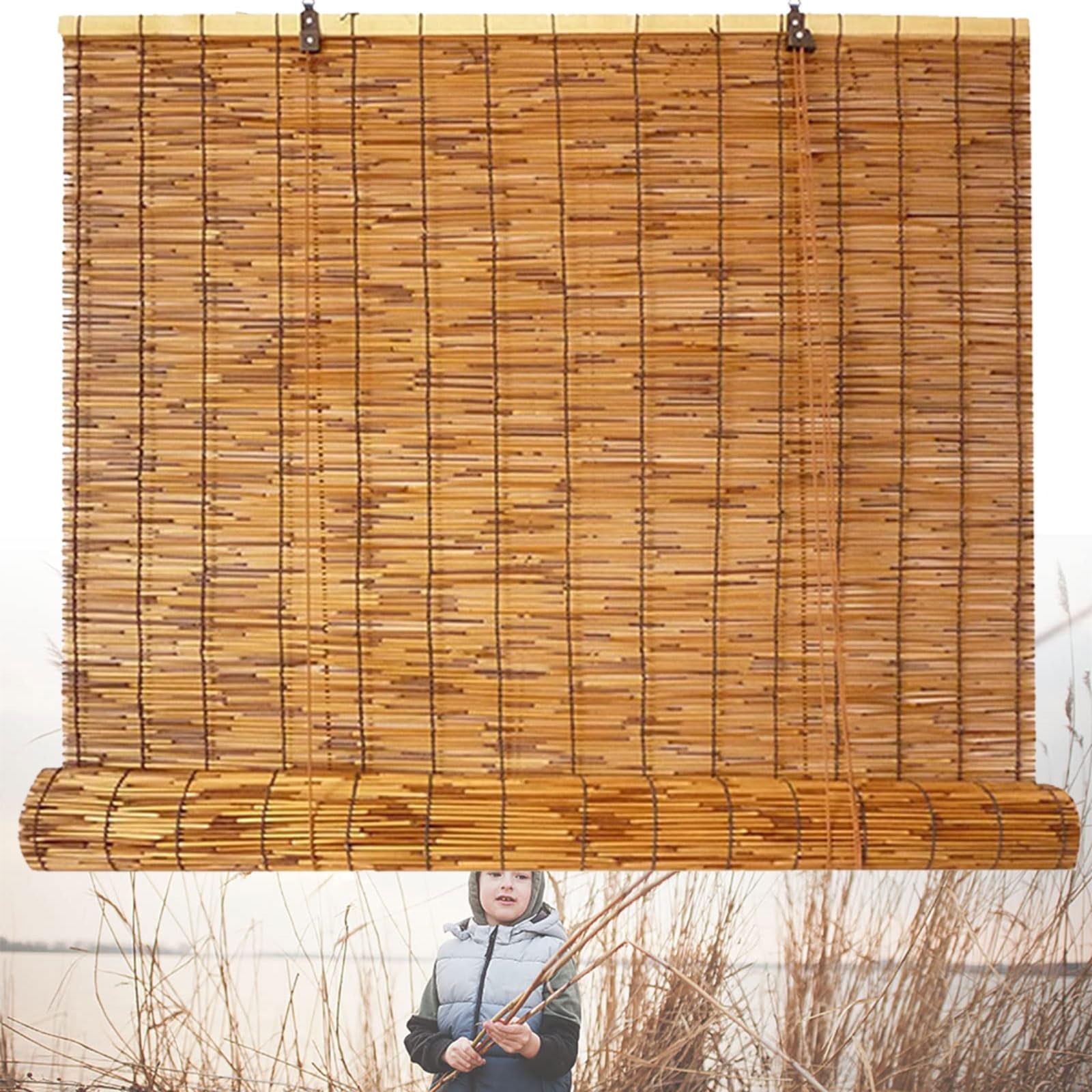 Bamboo Roll Up Blinds, Outdoor Retro Reed Roller Shades for Patio & Porch, Waterproof Blackout Privacy Screen Sun Shade，for Living Room, Bedroom, Balcony(W64xH36IN)