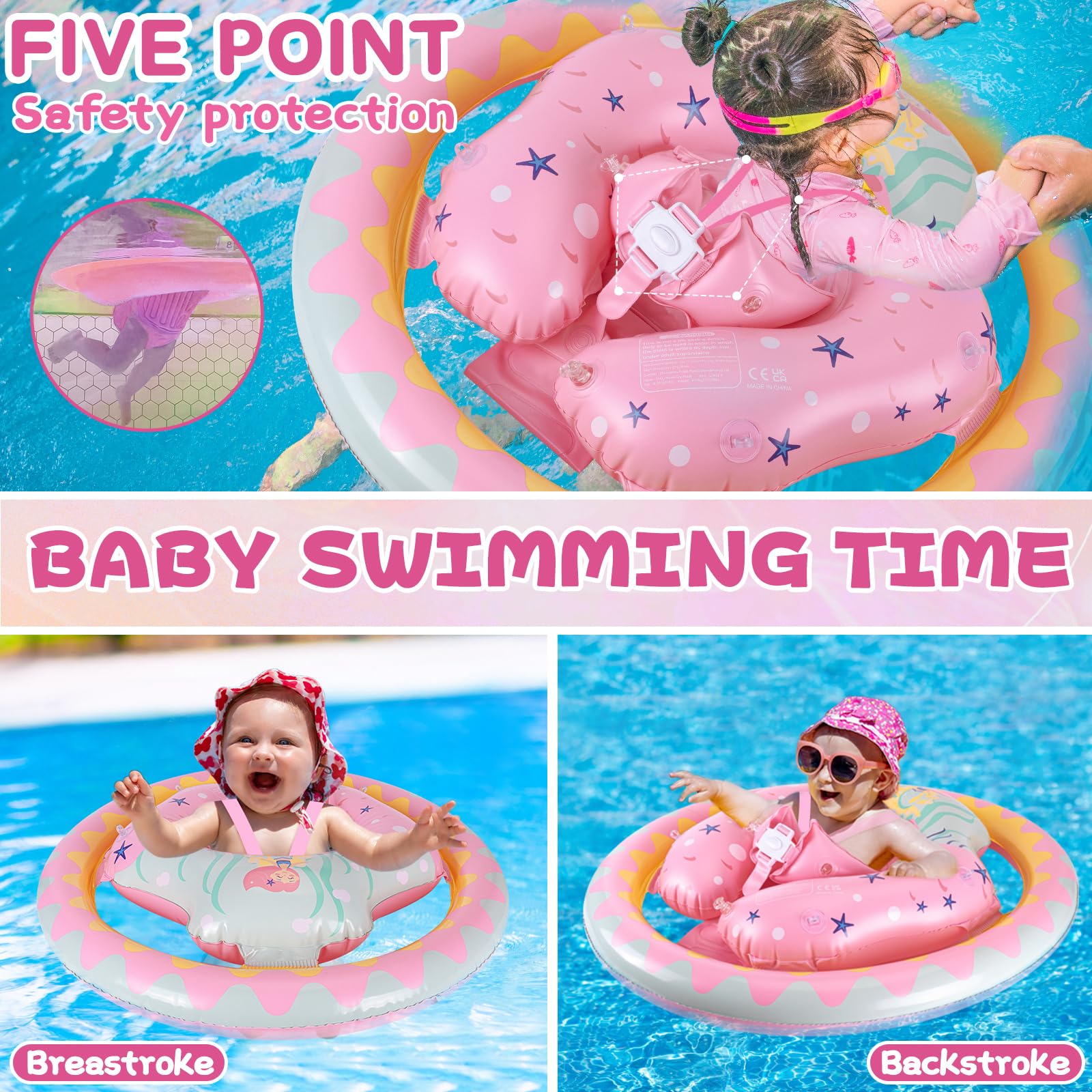 Thedttoy Salvagente Neonato 6-36 Mesi galleggiante gonfiabile piscina con doppio airbag & Tettuccio Parasole, sedile di sicurezza regolabile nuoto galleggiante per bambino Ragazze 1 2 3 Anno (Rosa)