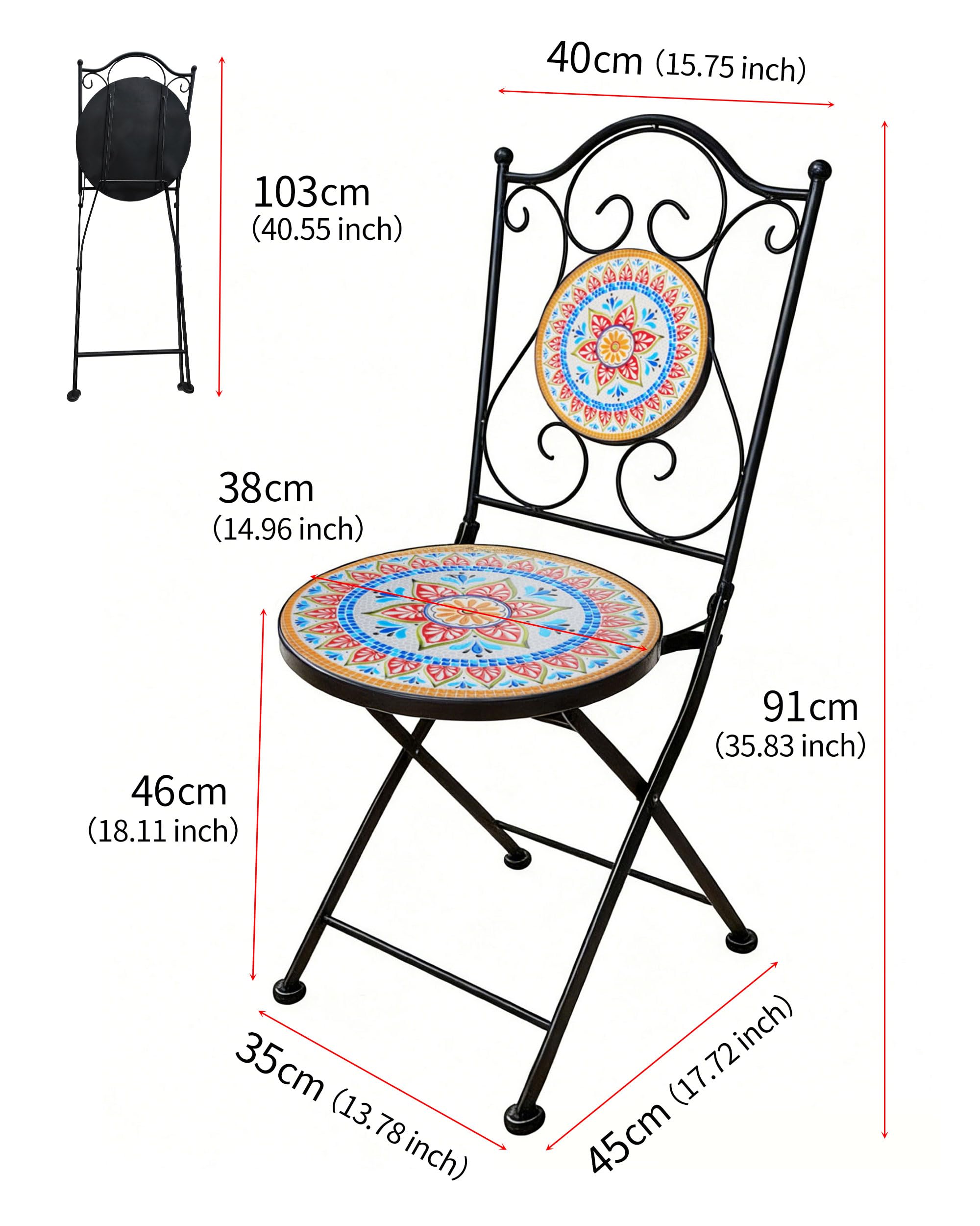 Chaise de Jardin,Chaise Bistrot Exterieur,Chaises Pliante en Mosaïque pour Balcon,Terrasse,Jardin