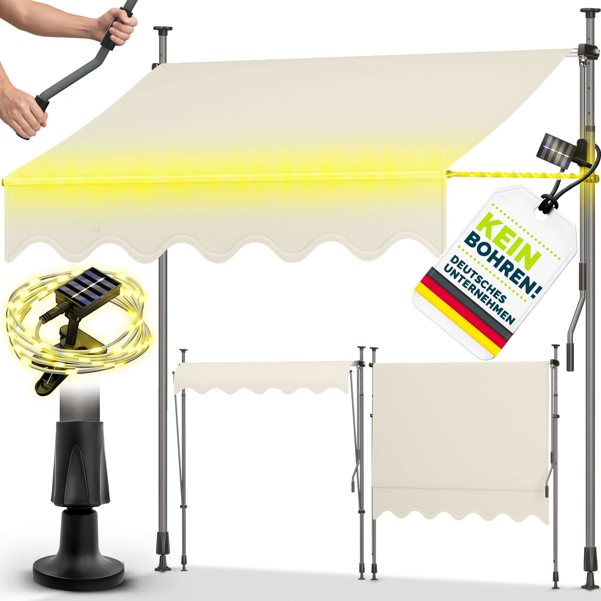 tillvex Klemmmarkise mit Handkurbel & LED Lichterkette Balkon | Balkonmarkise ohne Bohren | Markise UV-beständig & höhenverstellbar | Sonnenschutz Terrasse & Garten wasserdicht (Sand, 350cm)