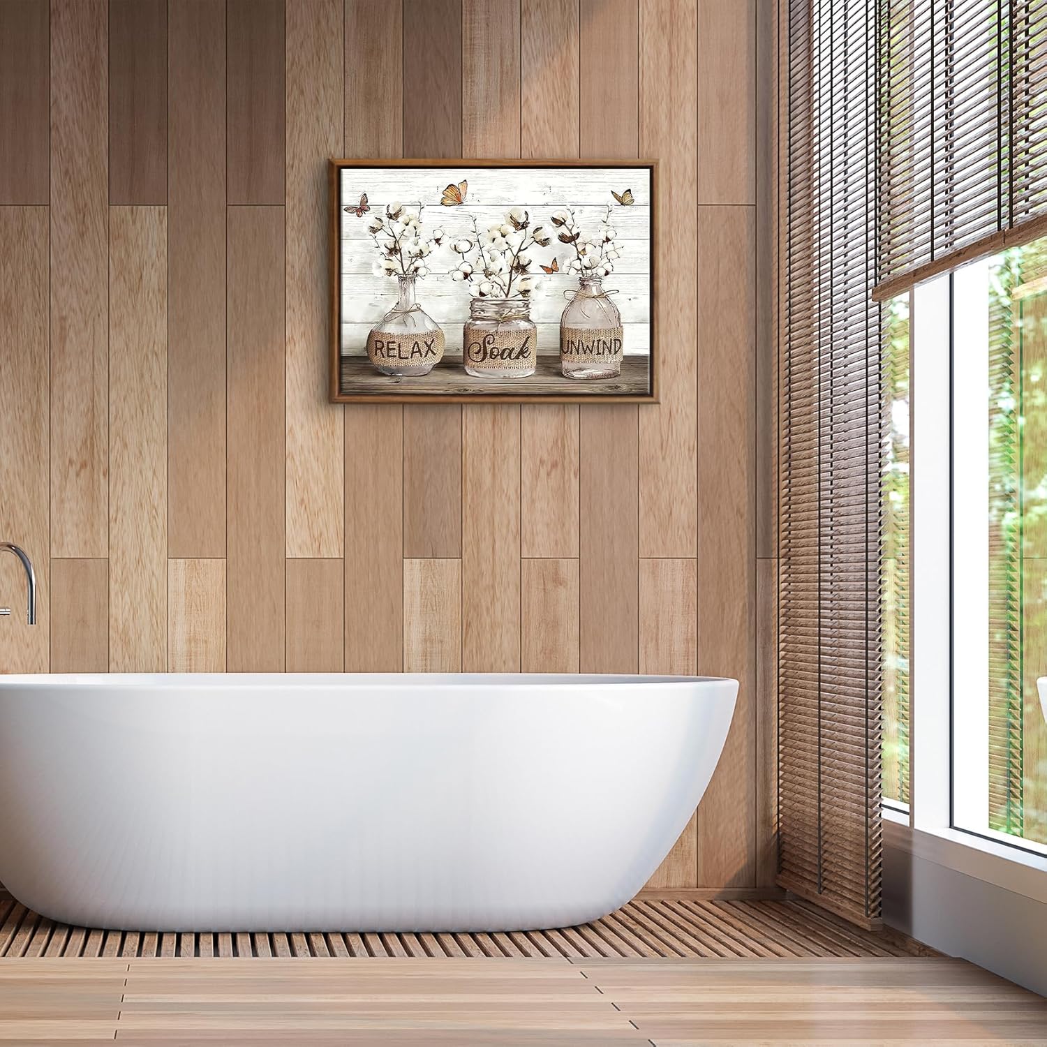 BJVJKSU Framed Farmhouse Bathroom Wall Art Brown Rustic Cotton Flower Bathroom Canvas Wall Decor Relax Soak Unwind Sign Painting Print Vintage Aesthetic Picture Artwork Decor(12x16in)