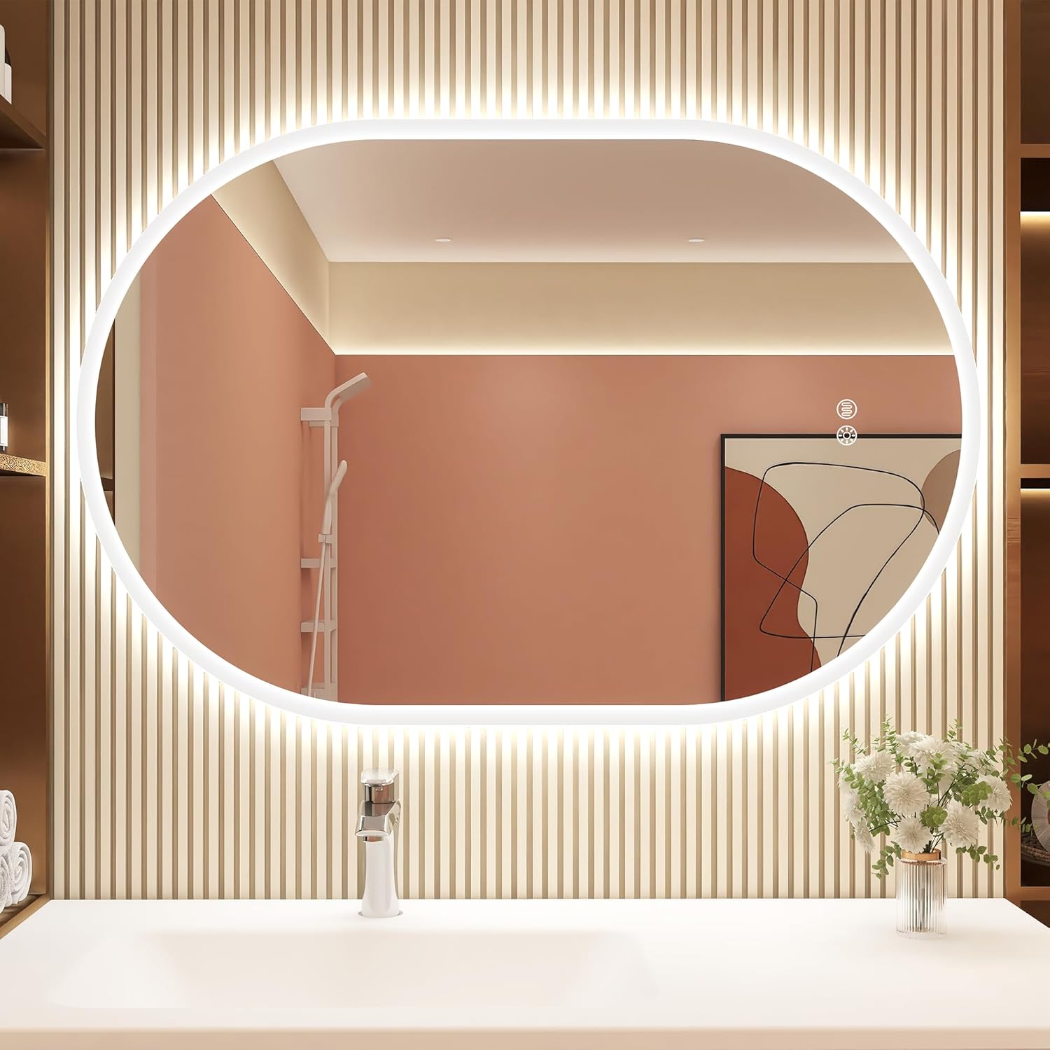 STARLEAD 32"x20" LED-Bathroom-Mirror-with-Lights, Wall-Mounted with Anti-Fog, 3 Color Temperature, Dimmable Brightness, Waterproof, Tempered Glass, Frontlit & Backlit, Oval Silver-oval 32"L x 20"W