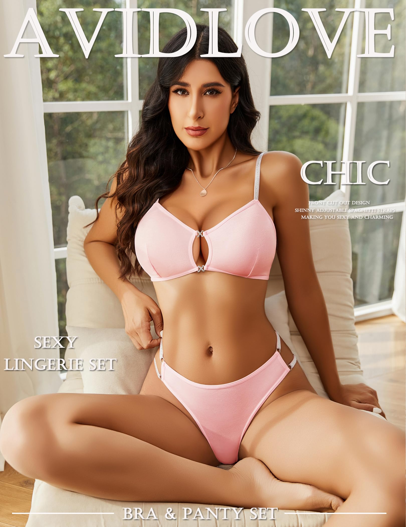 Avidlove Lingerie Set for Women Cut Out Sexy 2 Piece Bra and Panty Set Strappy Underwear Lingerie: Pink Large