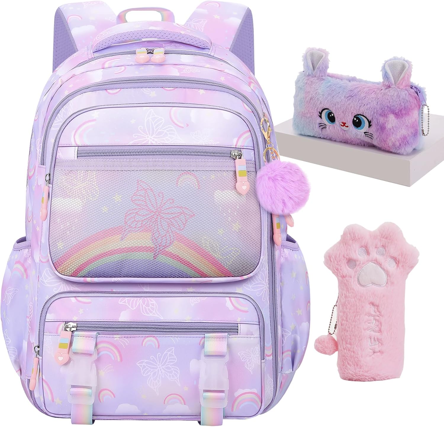 3pcs Girls Backpack,Cute Rainbow School Backpack For Kids Children With Pencil Case (Purple) Style 1-purple