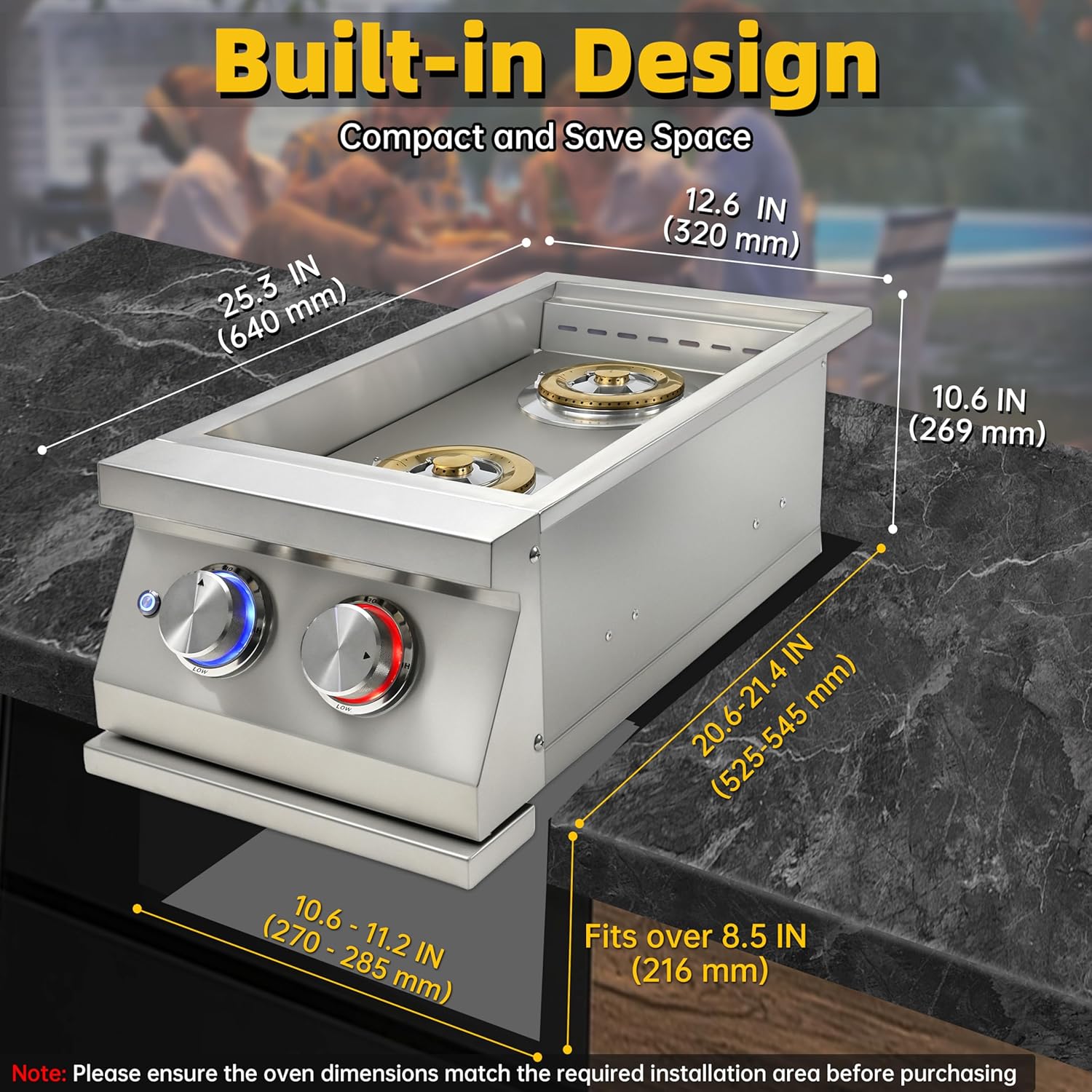 Built-in Double Side Grill Burners for Outdoor Kitchen, 2x17,000BTU Liquid Propane Side Burner, Convertible to Natural Gas, 304 Stainless Steel Double Side Burners with LED for BBQ Grill Island