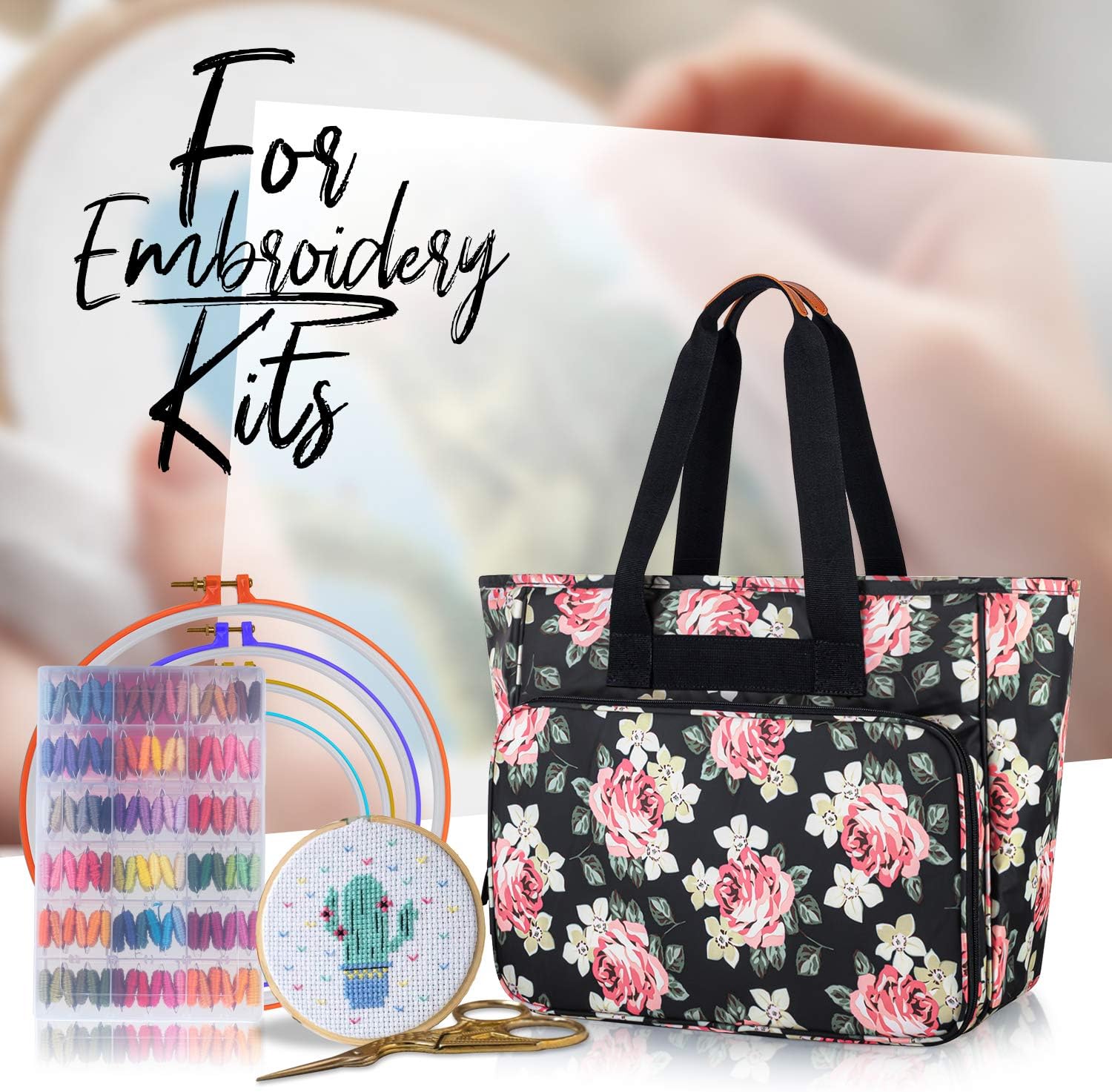 Yarwo Embroidery Project Bag, Embroidery Kits Storage Bag with Multiple Pockets for Embroidery Hoops (Up to 11.2"), Embroidery Floss or Other Embroidery Supplies, Black Peony (Bag Only)