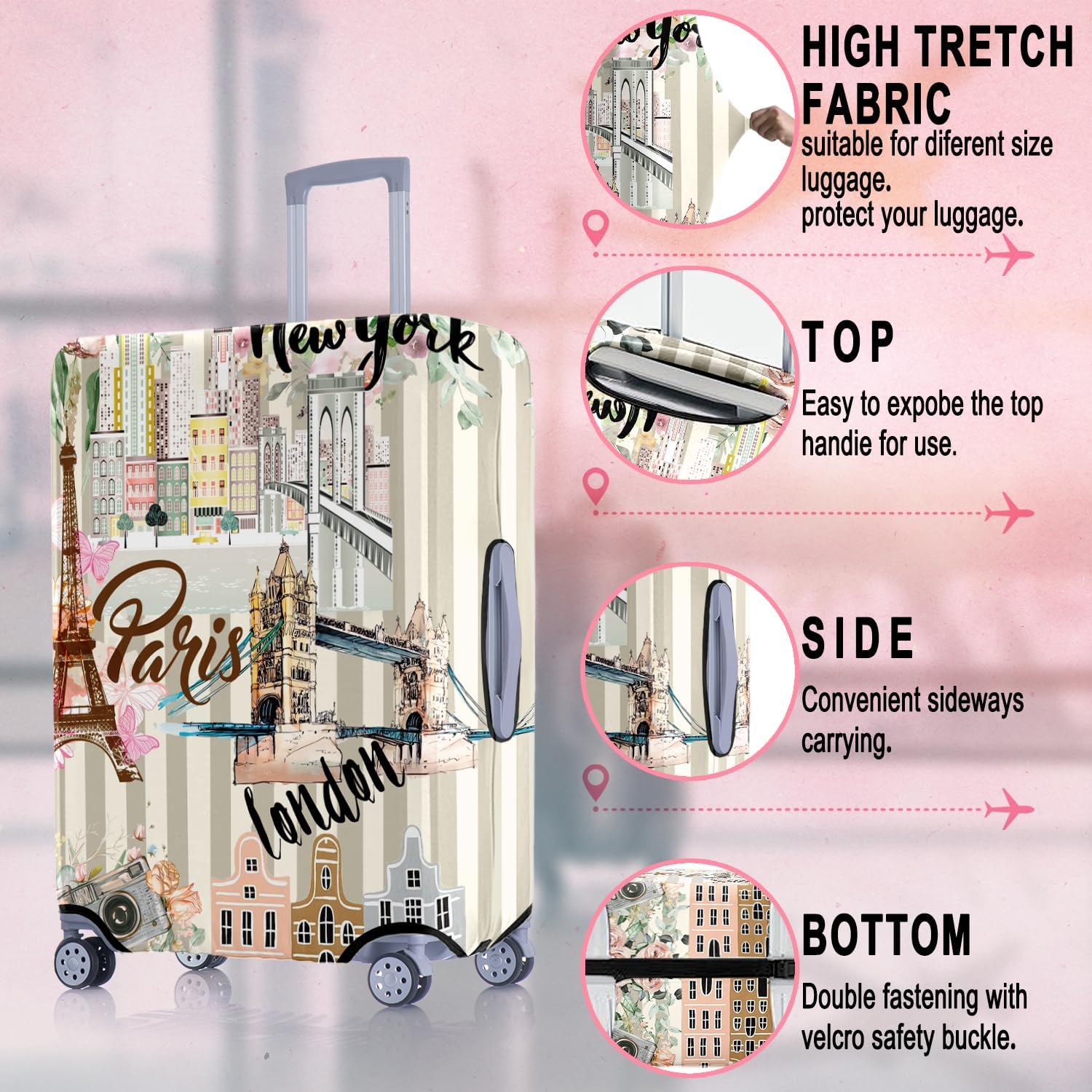 Washable World Famous Scenery Luggage Cover -Eiffel Tower,London Bridge and New York Bridge Elastic Travel Suitcase Protector Fit 29-32in Luggage Covers