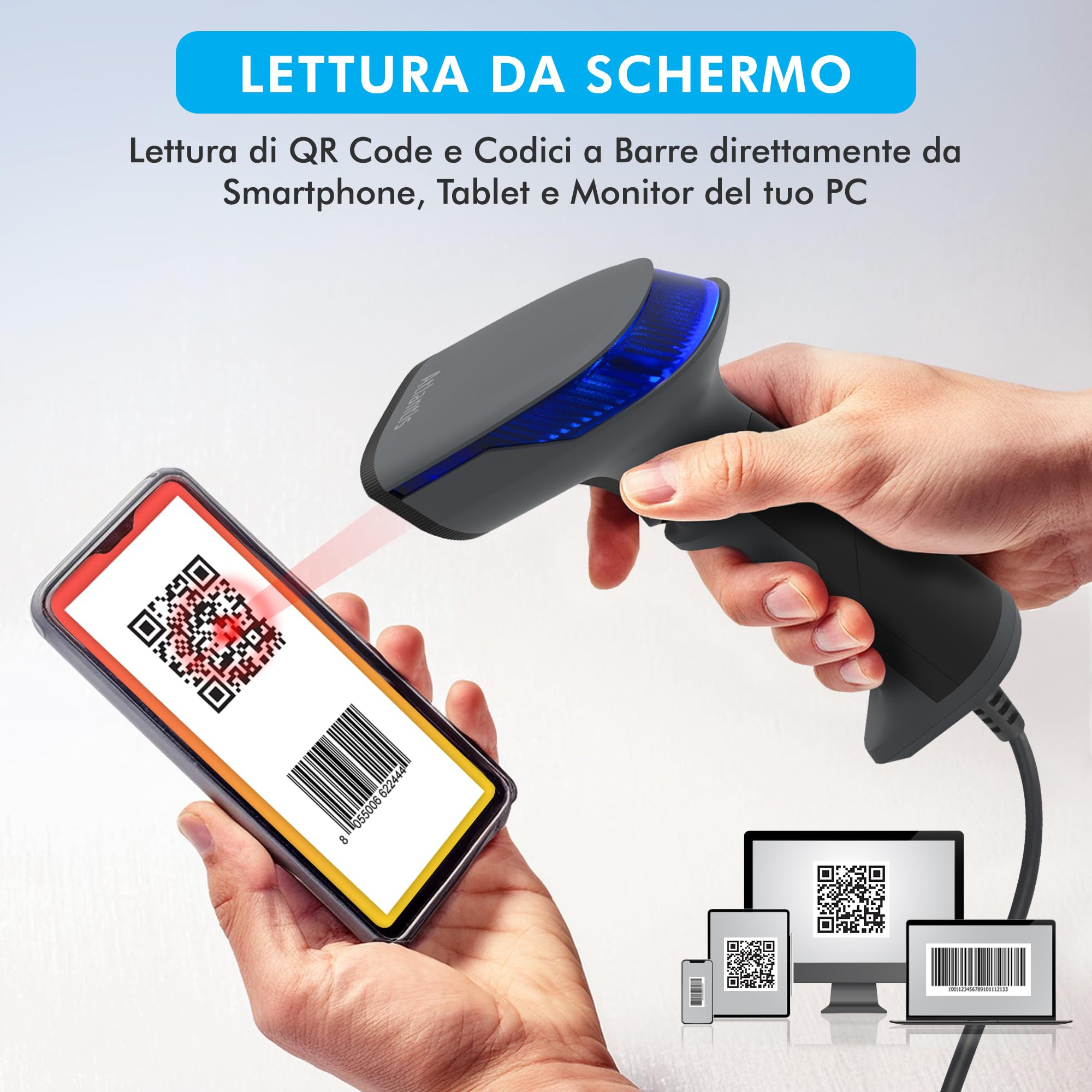 Atlantis A08-LD230P-2D Lettore Codici a Barre Barcode reader scanner 1D e 2D Ottico Prof (640x480), 60 fps, legge da smartphone e display, codice farmaceutico, collegamento USB, guida rapida