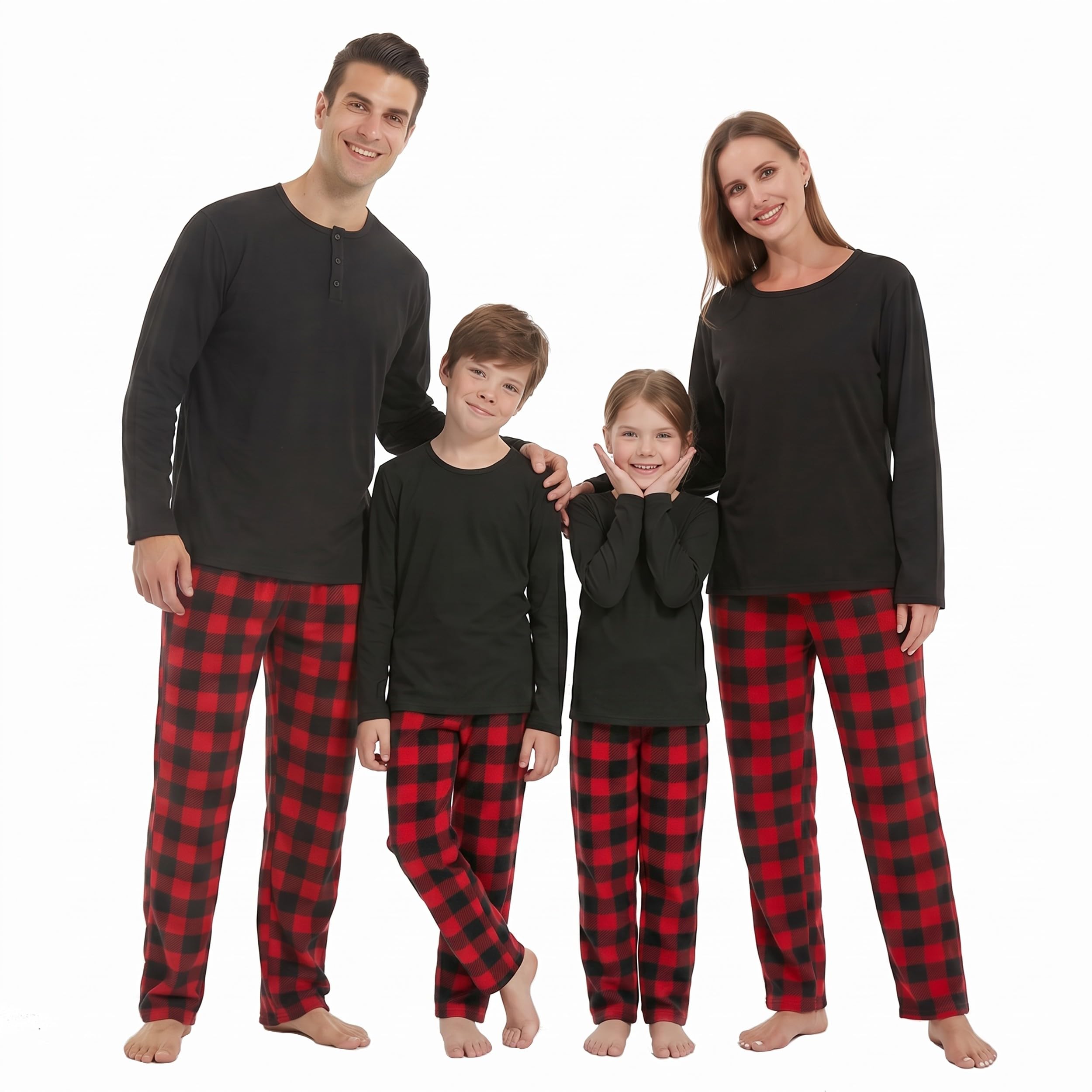 YUSHOW Set pigiama natalizio per coppie, a maniche lunghe, a quadri, biancheria da notte invernale in pile natalizio, abbigliamento da notte per la famiglia, per donne, uomini, bambini