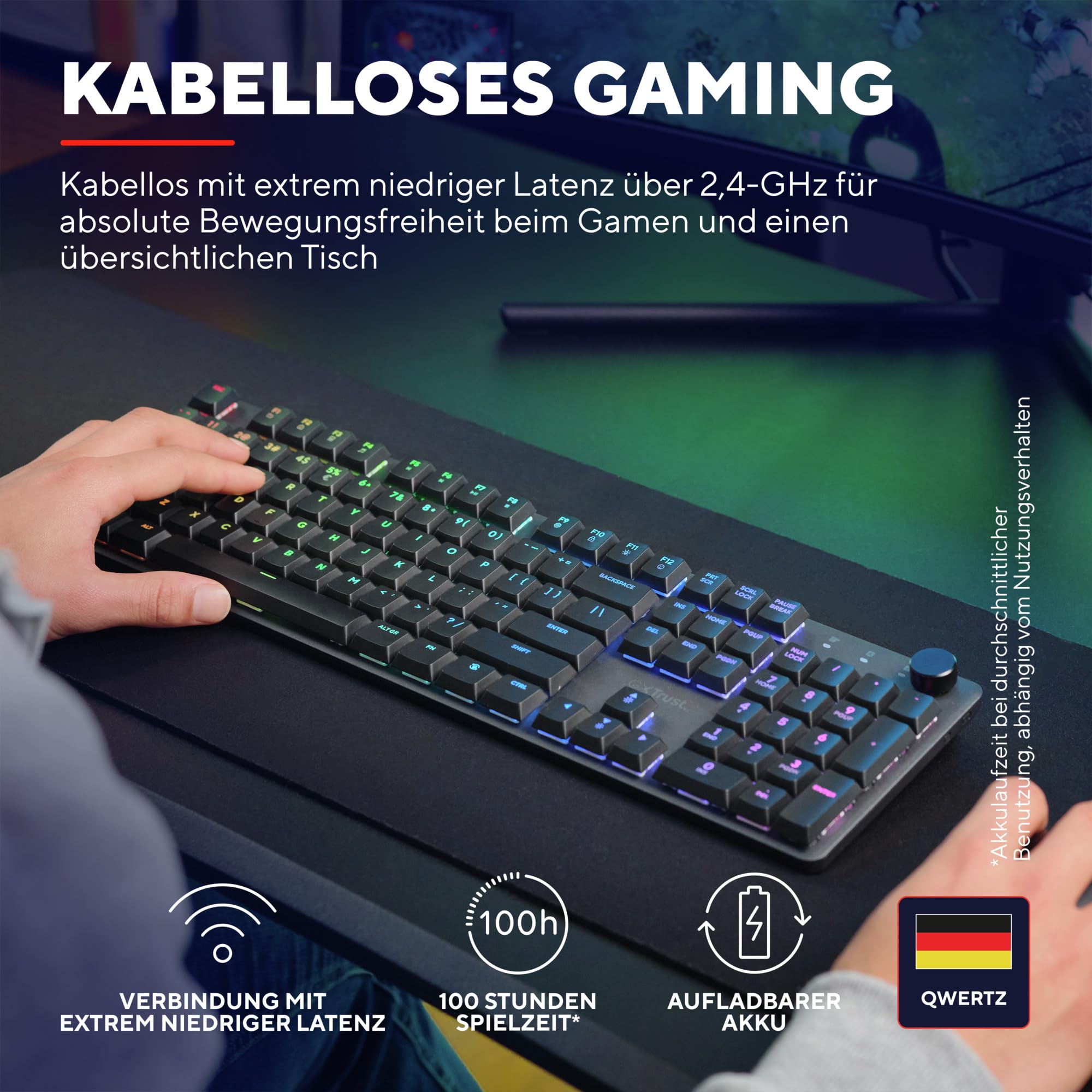 Trust GXT 868 Torix Mechanische Tastatur Kabellos Deutsches QWERTZ Layout, RGB Wiederaufladbare Gaming Tastatur 2.4 GHz 100H Akkulaufzeit, Huano-Switches Flache Tasten, Programmierbar, PC Laptop