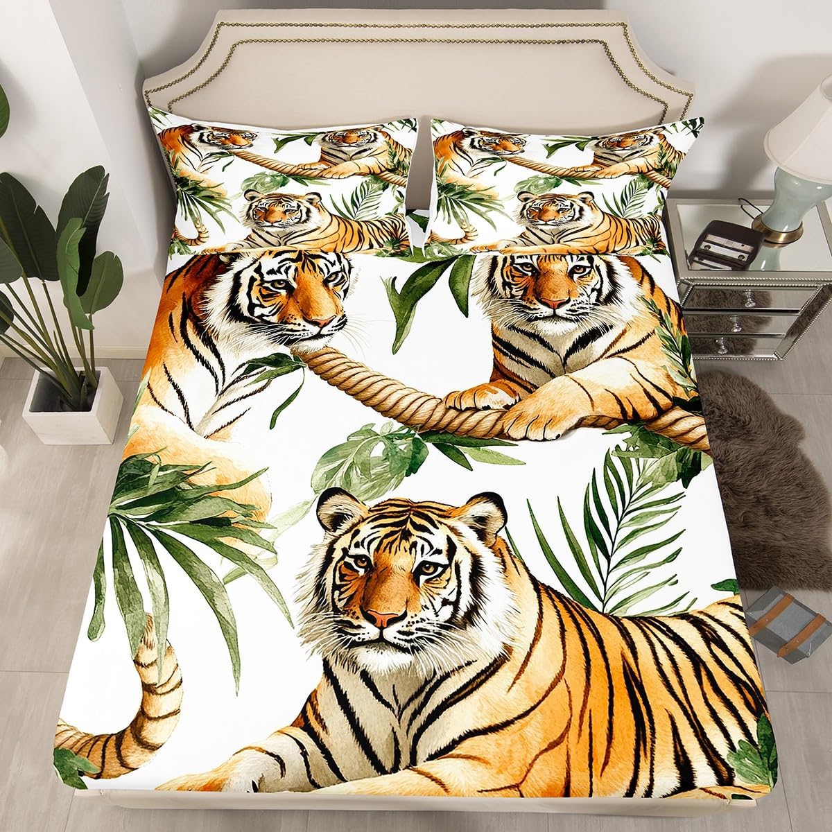 jejeloiu Tiger Fitted Sheet Queen Size Kids Wild Animal Bed Sheet Set for Boys Girls Teens Wildlife Tree Bedding Set Breathable Safari Cat Print Bed Cover Room Decor Bed Set