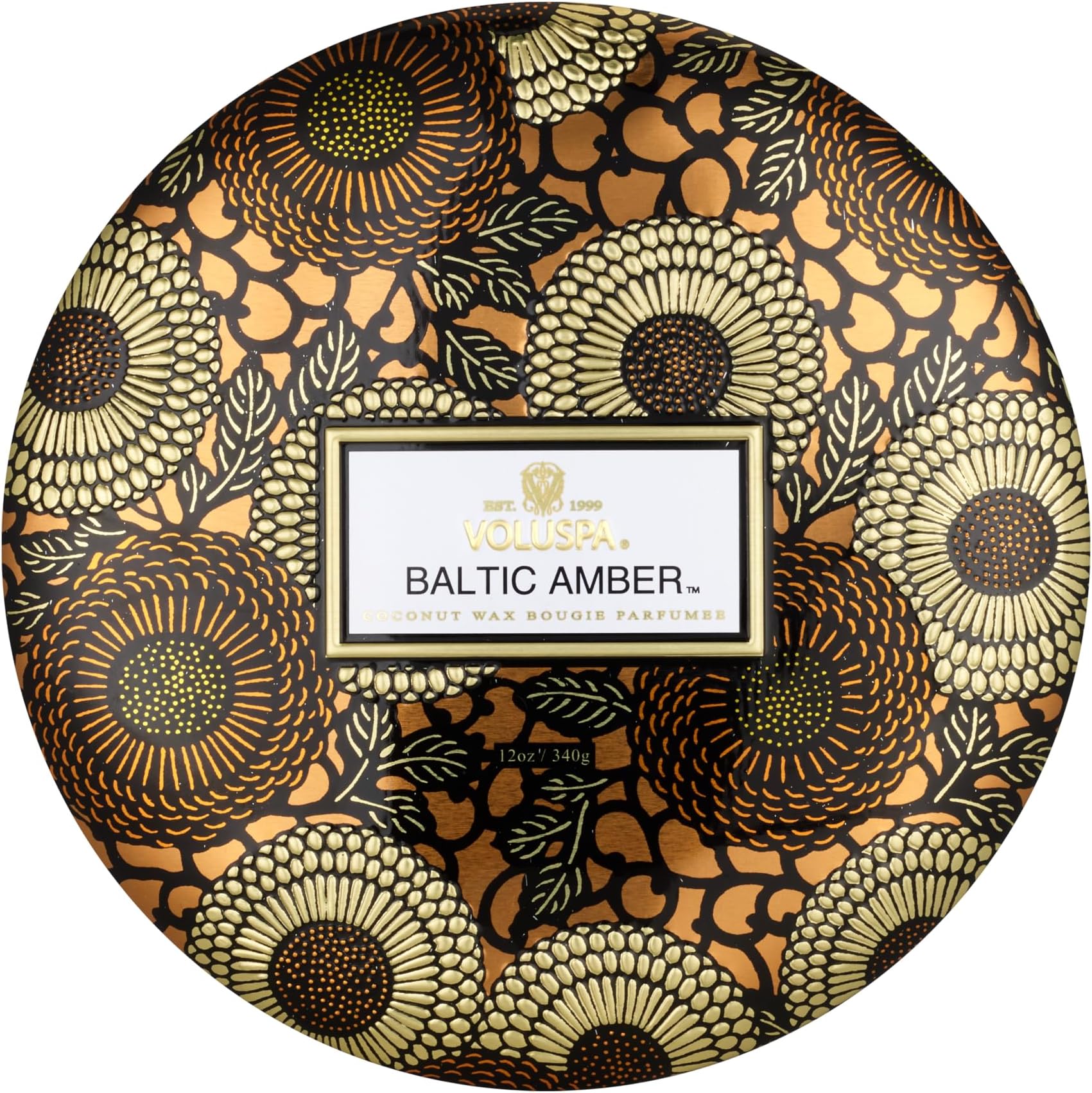 Voluspa Baltic Amber, Tin Candle 3 Wick Tin Candle, 12 oz, 40 Hours Burn Time, All Natural Wicks and Coconut Wax for Clean Burning, Vegan, Poured in the USA