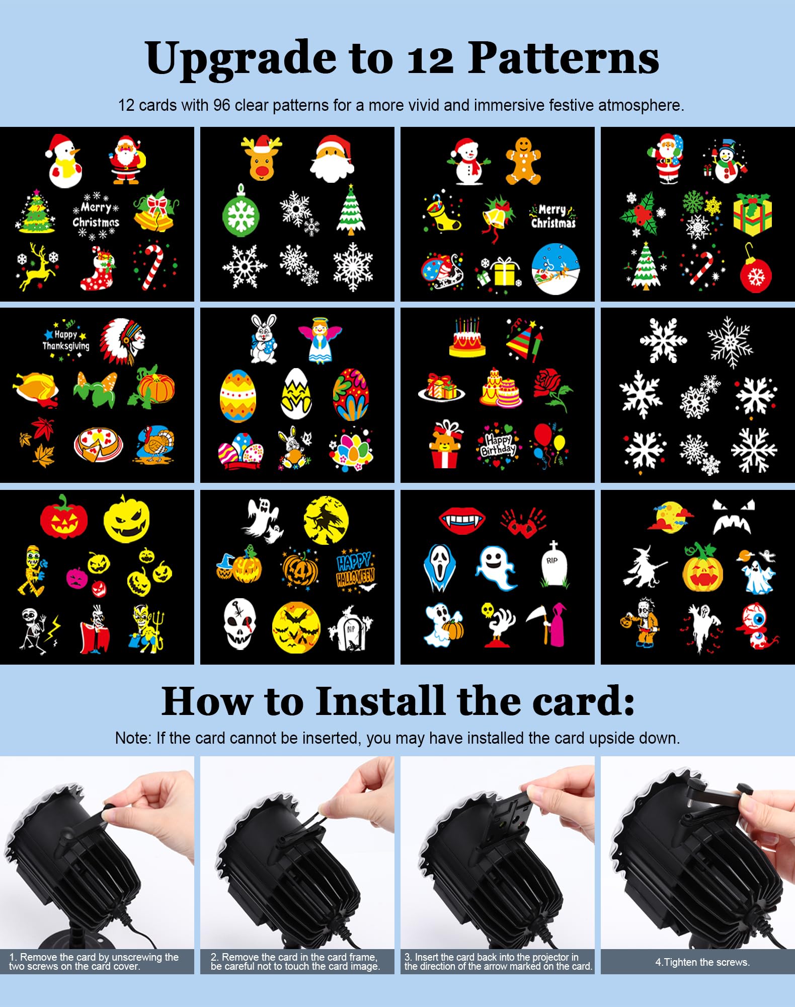 Proyector Luces Navidad, Lámpara de Proyección Navidad Exterior, Luces de Navidad 12 Carta con 96 Patrones LED Proyector Copos de Nieve Inpermeable con Mando para Decoración Fiesta Exterior Interior