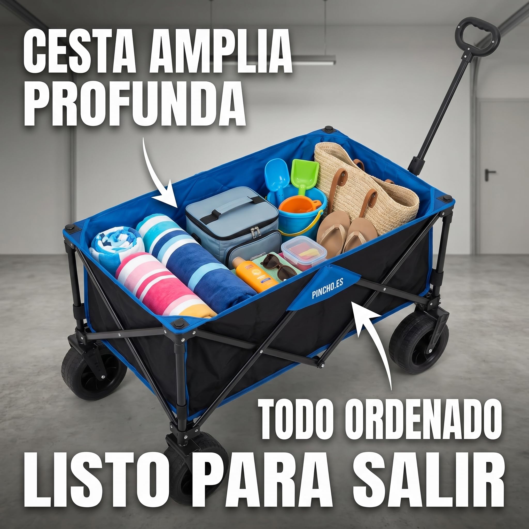Carro Playa Plegable - PINCHO - Carrito De Playa Plegable, Carro Transporte Plegable con Asa Telescópica, Carretilla Plegable con Ruedas y Frenos - 4 Ruedas, Carga 55 kg, Plegado Compacto, Bolsillo