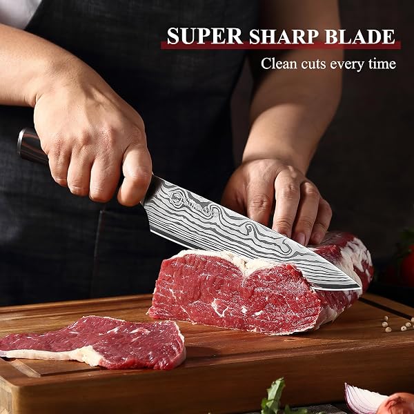 Sunnecko Sunnecko 8 Inch Chef Knife, Professional Japanese Style Kitchen Knife for Meat Vegetable Cutting, Ultra Sharp High Carbon Stainless Steel Blade, Ergonomic Pakkawood Handle & Sheath, Cooking Gift Box in use