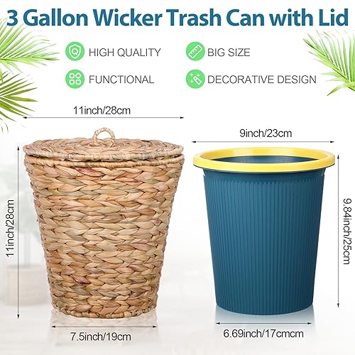 Miniatura 2 de Menkxi Cubo de basura pequeño de mimbre con tapa e inserto de plástico, cesta de basura redonda de ratán de 3 galones con 60 unidades, bolsa de