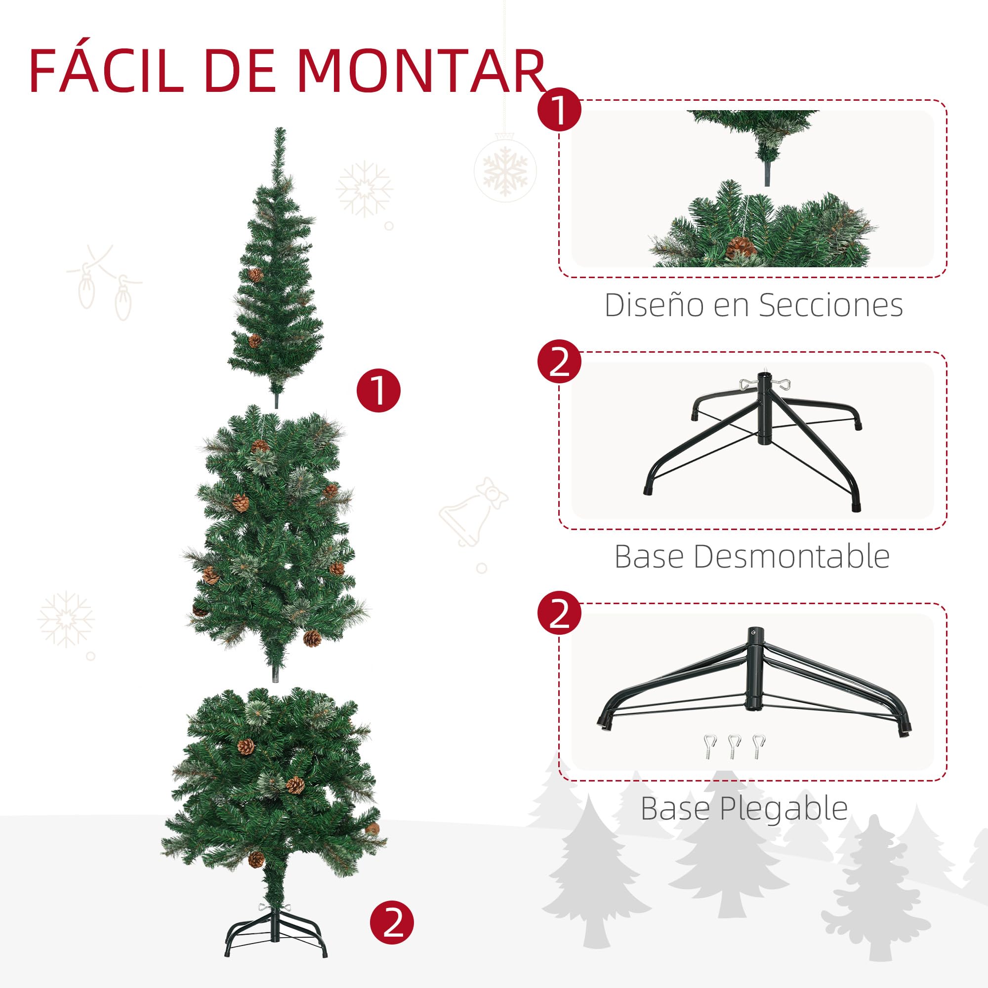 HOMCOM Árbol de Navidad Grande 195 cm Árbol de Navideño de 556 Ramas Árbol de Navidad Estrecho Forma de Lápiz con 25 Piñas Base Plegable Verde