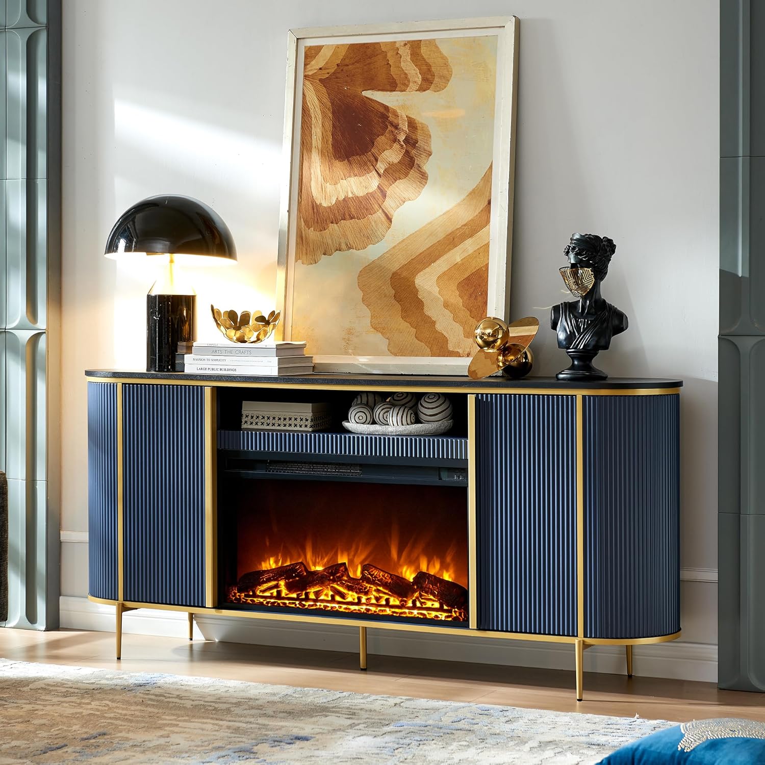 OKD Luxury 70" Fluted Fireplace TV Stand, Modern Chic