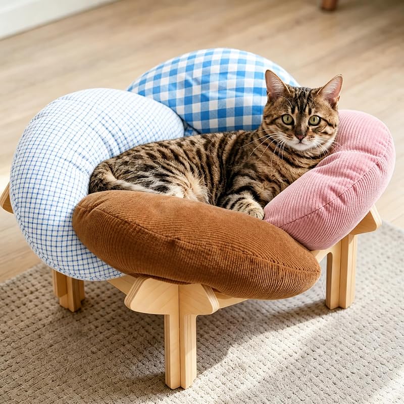 Cama elevada para gatos com almofada felpuda e estrutura de madeira de bétula PACHIRA – 40,64 x 33,02 x 15,24 cm