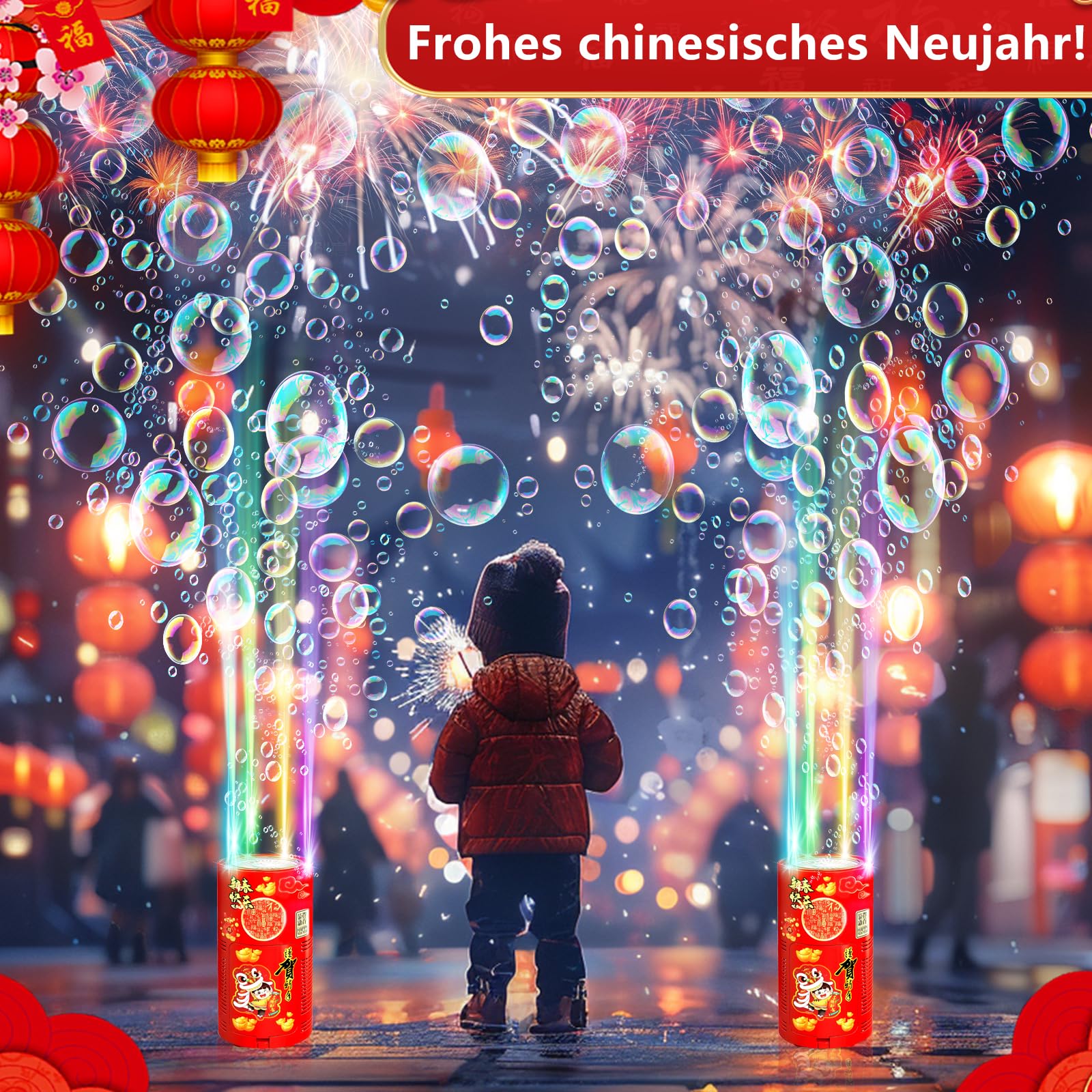 Feuerwerk Seifenblasenmaschine, 2-Packung 13-Loch-Design Automatischer Feuerwerk Seifenblasenhersteller mit Lichtern und abschaltbarem Sound für Kindergeburtstag Hochzeit Party Garten Karneval