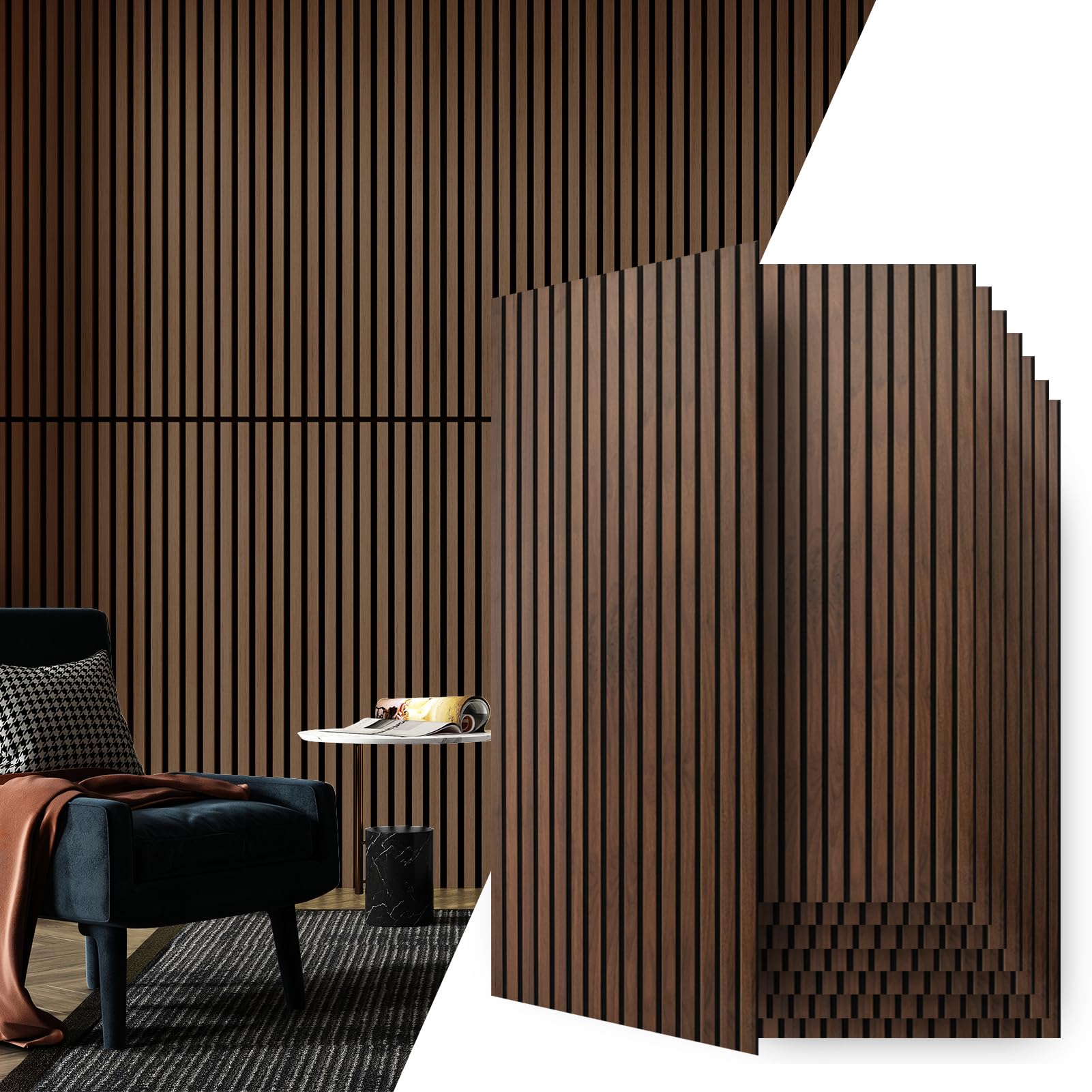 Art3d 8-Pack 3D Fluted Wood Sound Absorbing Slat Wall Panel, Dark Walnut