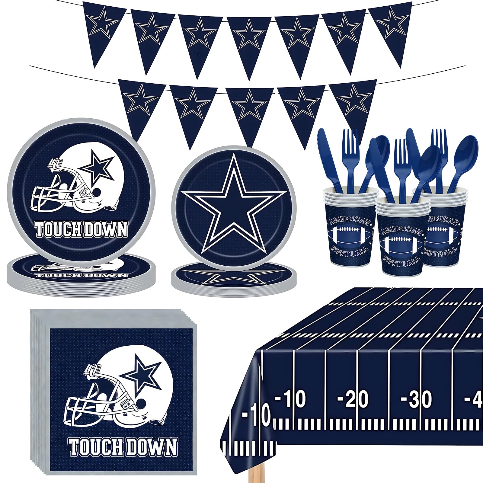 Football Party Supplies for Boys, Blue Rugby Tableware Set with Plates Napkin Cups Tablecloth Banner Cutlery for Soccer Super Bowl Sports Themed Party Decorations, Serves 20 Guests