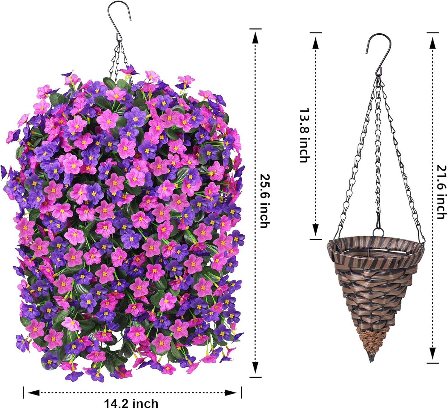Artificial Faux Fall Hanging Flowers Plants Baskets for Outdoor Outside, Fake Silk Dark Purple Fuchsia Daisy Mums Trailing Vines in Planter Realistic UV Resistant for Balcony Porch Decor - Image 2