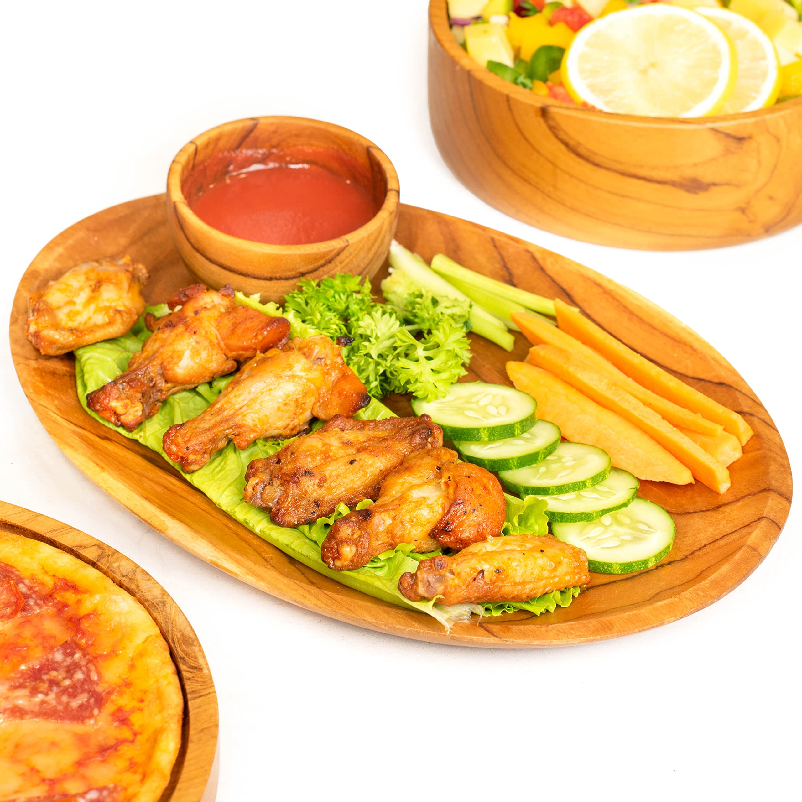 Rainforest Bowls Owalny talerz z drewna tekowego, duży, 2 sztuki, do jedzenia i dekoracji, dekoracyjny talerz kuchenny do jedzenia, serwowania, ręcznie robiona rustykalna zastawa stołowa z Indonezji