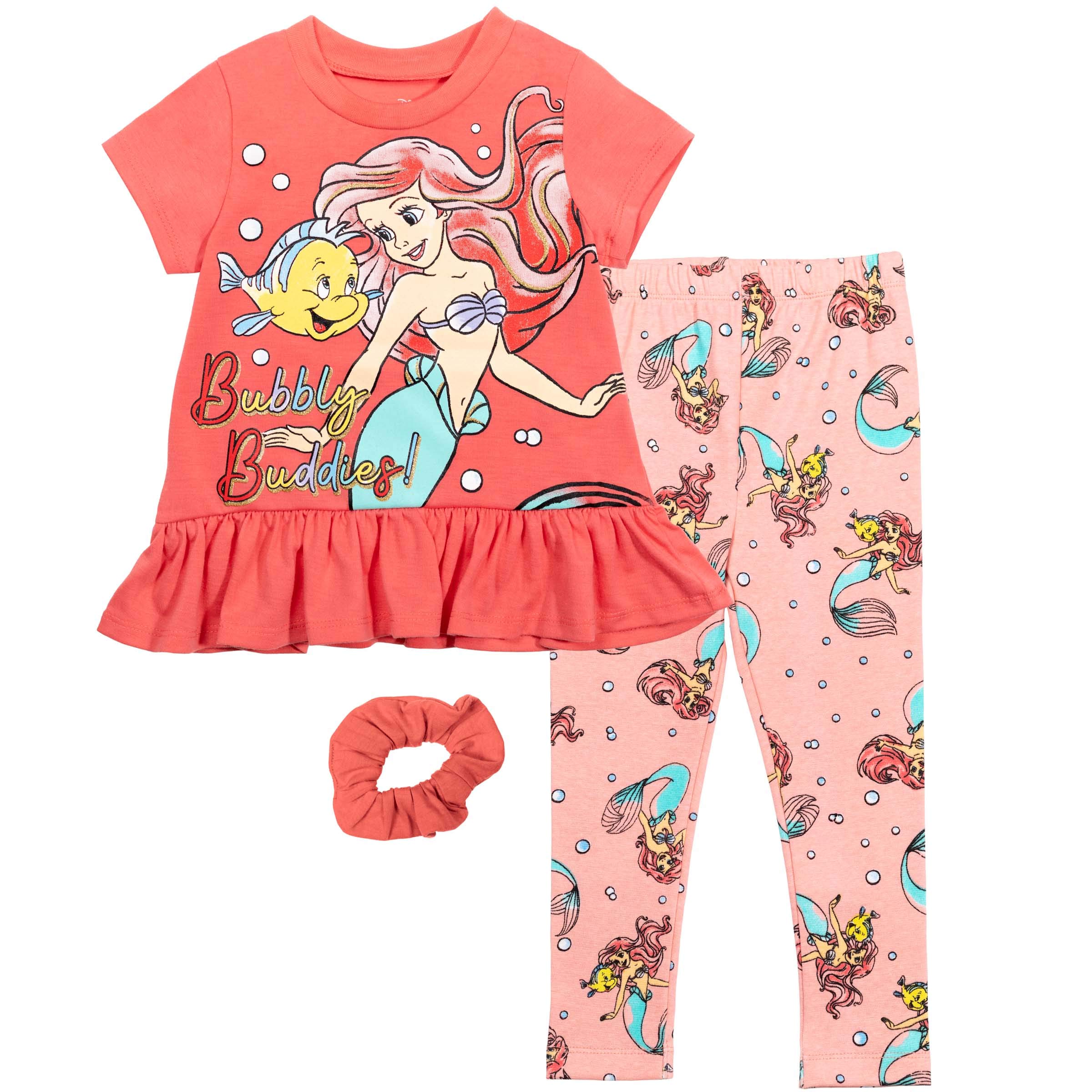 DisneyMinnie Mouse Princess Ariel Frozen Little Mermaid T-Shirt Leggings and Scrunchie 3 Piece Outfit Set Infant to Big Kid