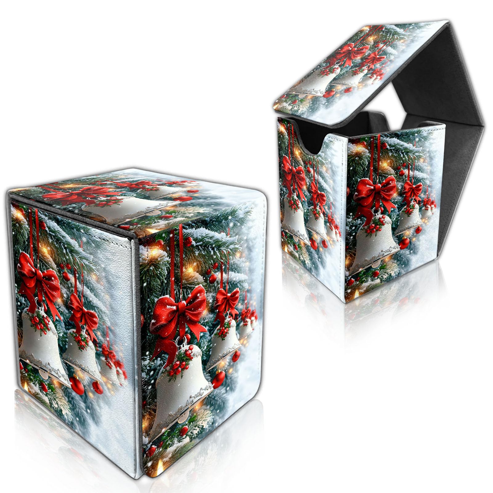 DISUOFEART for MTG Deck Box, Trading Card Storage Case Holds 100+ Sleeved Cards, Bells on Snowy Pine Tree Magnetic Closure Durable Deck Holder for Magic The Gathering, TCG & Commander โ image 1