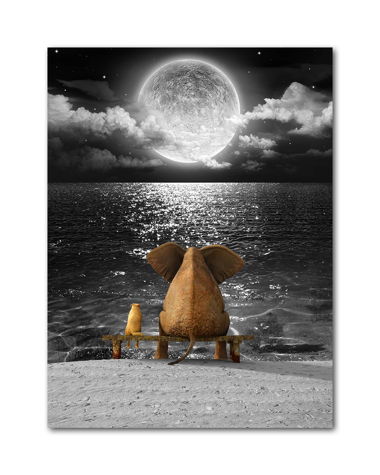 Paimuni Bathroom Wall Decor Art Animal Resting Elephant Look Moon Black and White Ocean Sea Modern Canvas Prints Ready to Hang 12x16 Inch