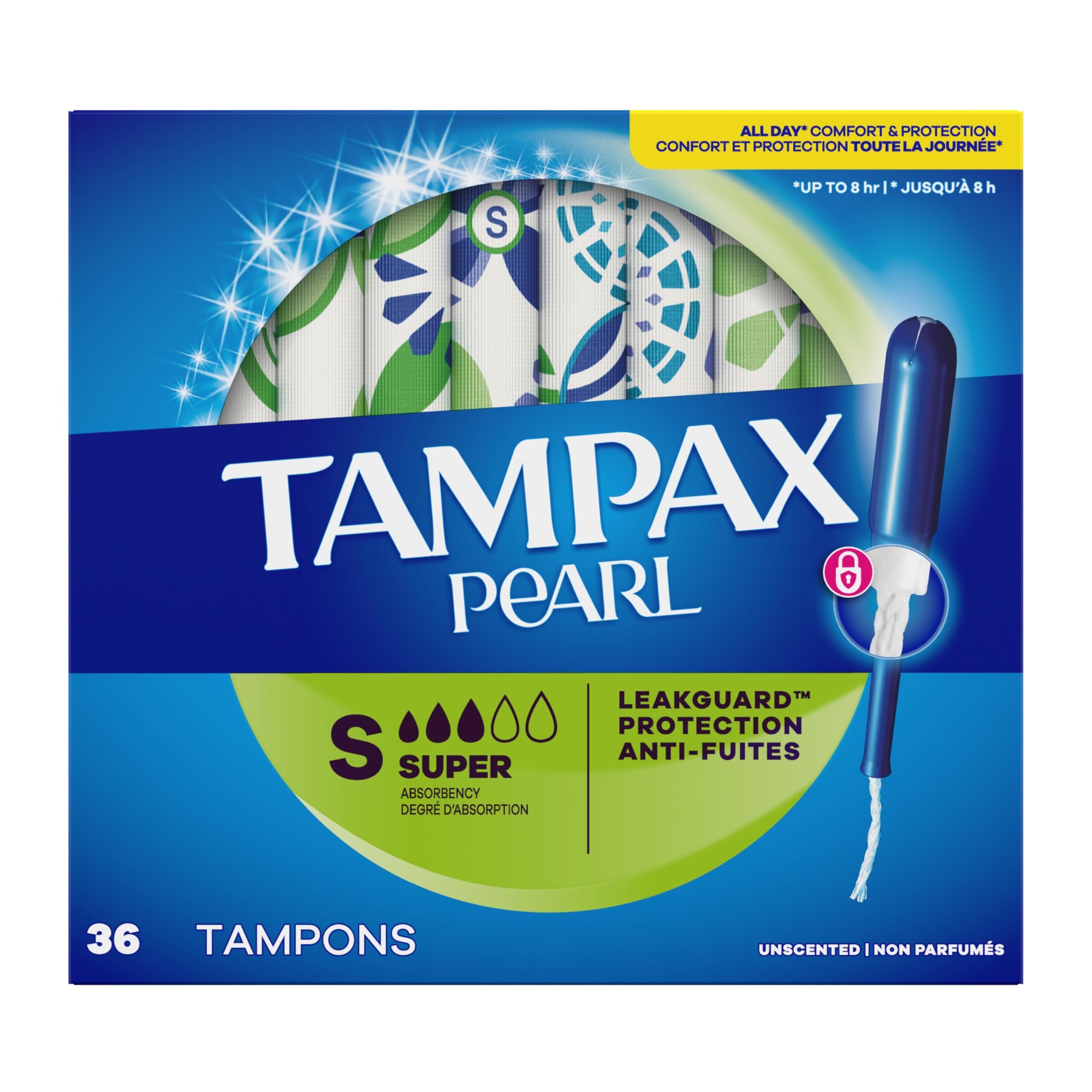 Tampax Pearl Tampons Super Absorbency with LeakGuard Braid, Unscented, 36 Count
