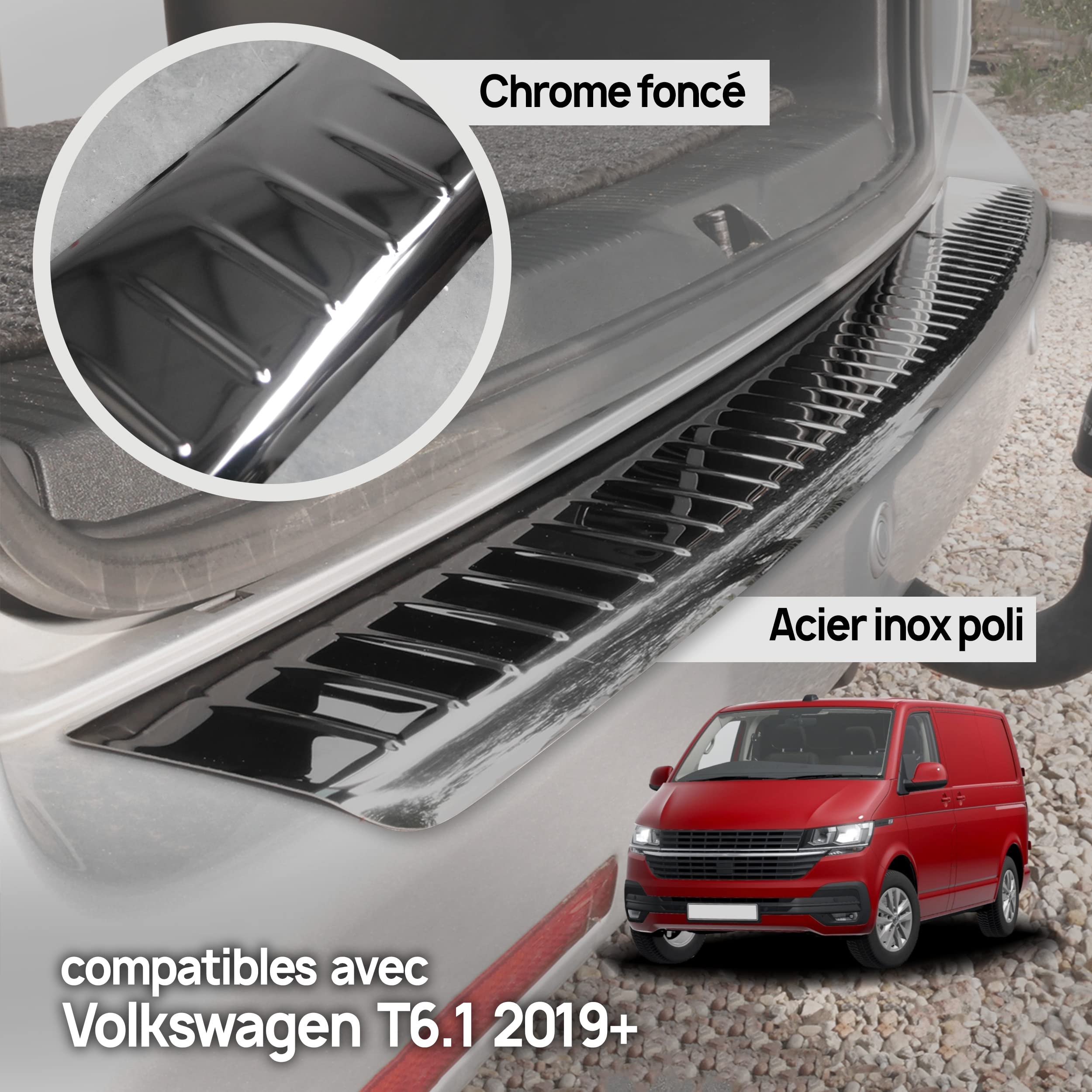 Protection Seuil De Coffre Acier Inox Poli Graphite Brillant - Compatible VW T6 2015-2019 Portes Battantes - Bande Anti-Rayures Pare-Chocs Arrière Chromemaster