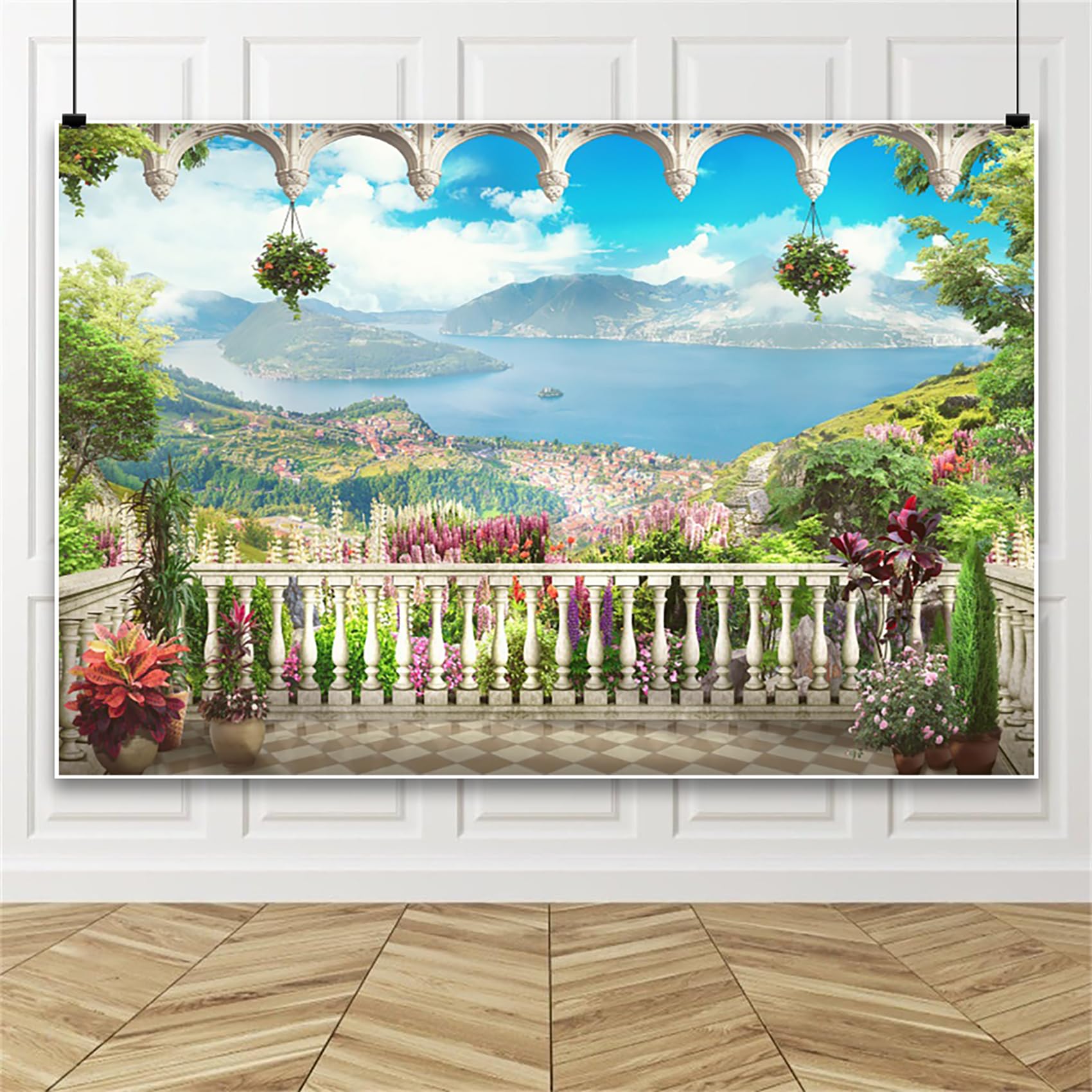 Balkon tło 3,7 x 2,4 m winyl romantyczny pałac balkon ogród natura krajobraz fotografia tło góry morze niebieskie niebo europejski styl pawilon tło do portretu sesji zdjęciowej studio