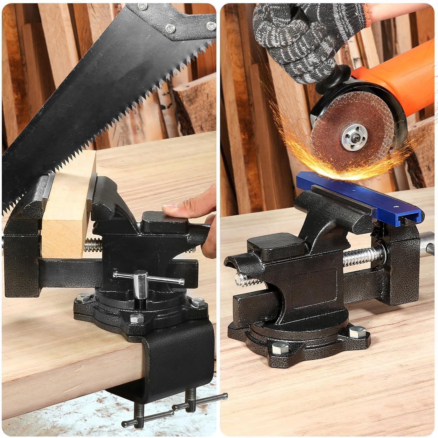 Schraubstock - Tischschraubstock drehbar 270°, 150 mm Spannweite,2-in-1-Mehrzweck-Hochleistungs-Schraubstock mit multifunktionalen weichen Backen
