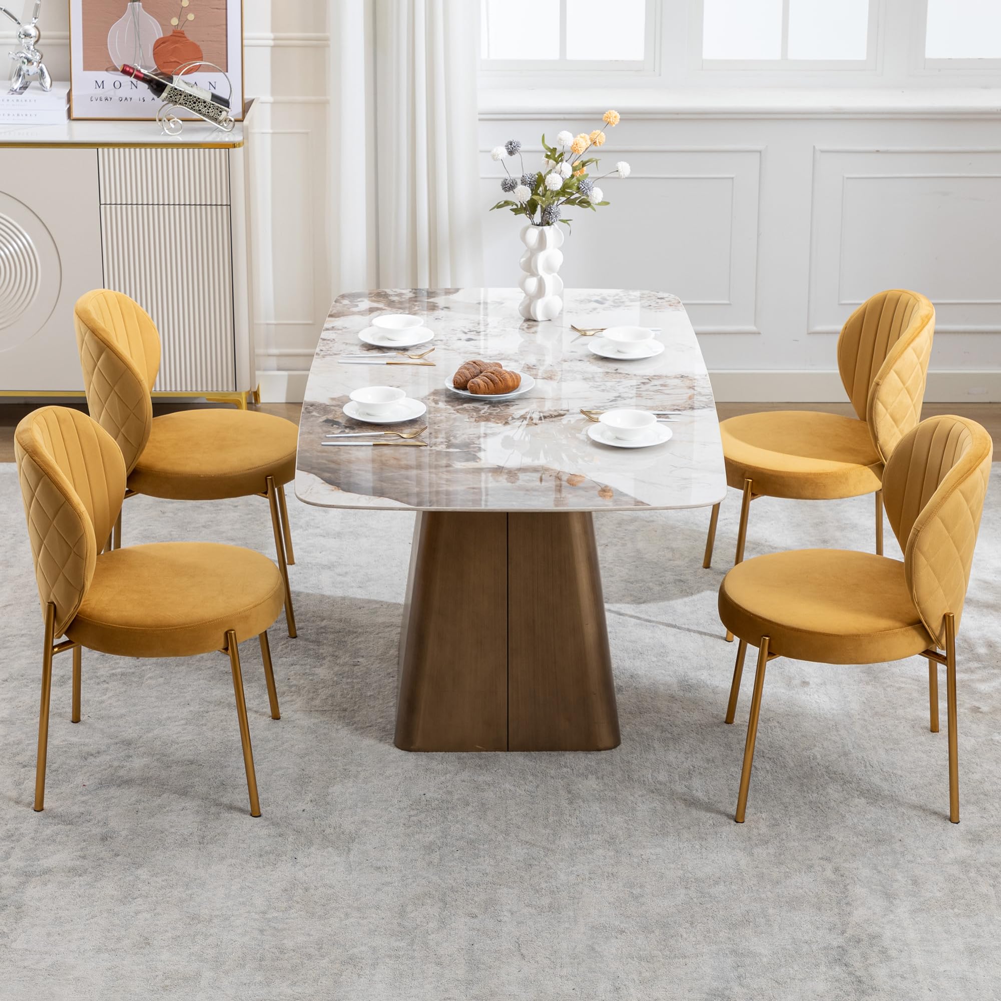 DAGONHIL Dining Chairs Set of 4,Velvet Yellow Chairs,Mid Century Modern Upholstered Vanity Chairs with Golden Metal Leg for Kitchen,Dining Room(4PCS,Yellow)