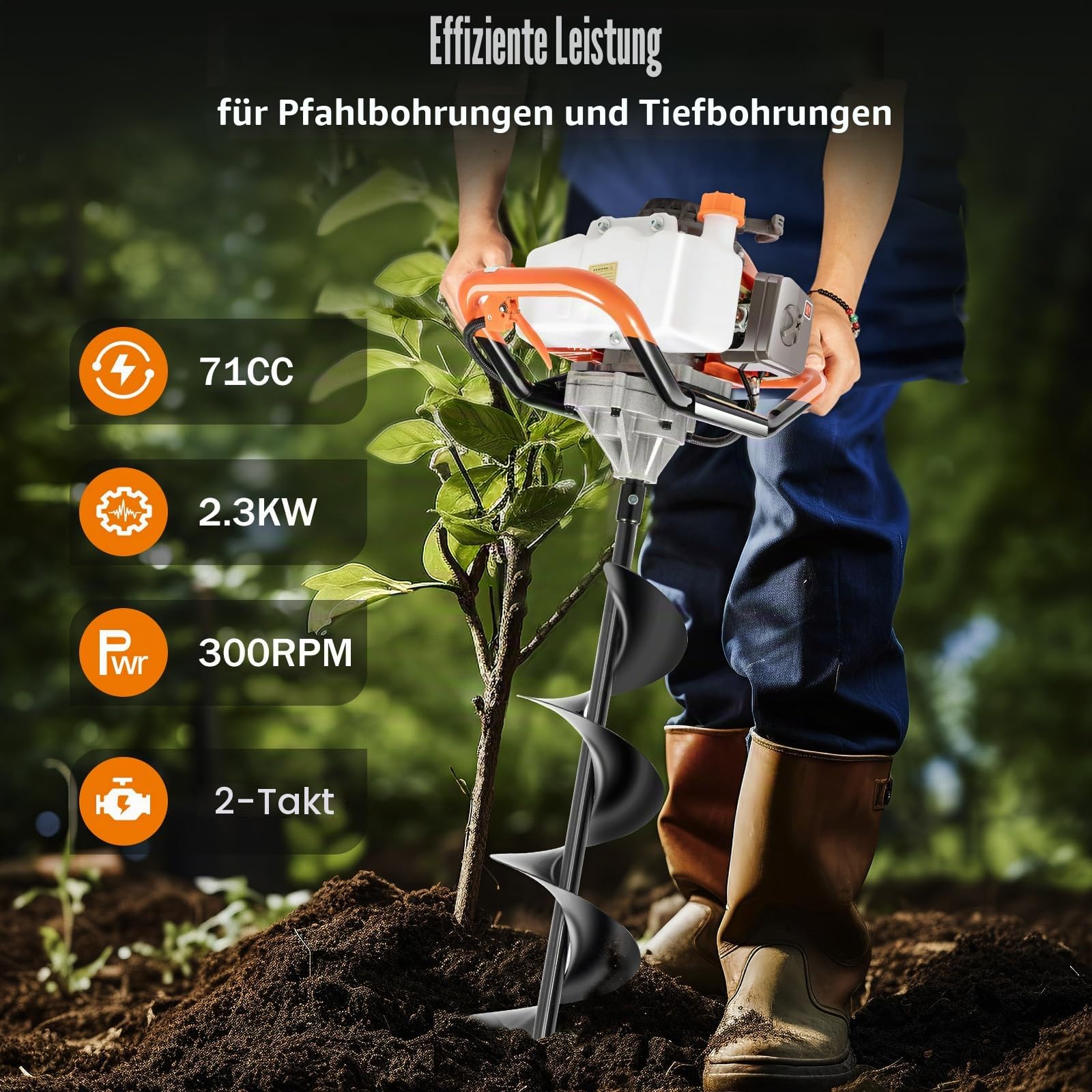52cc Erdlochbohrer Benzin Mit 3 Bohrer(4", 6" und 8"), Benzin Erdbohrer Brunnenbohrer Bodenbohrer Für Gärten Landwirtschaft, 8500rpm, 1.9kw