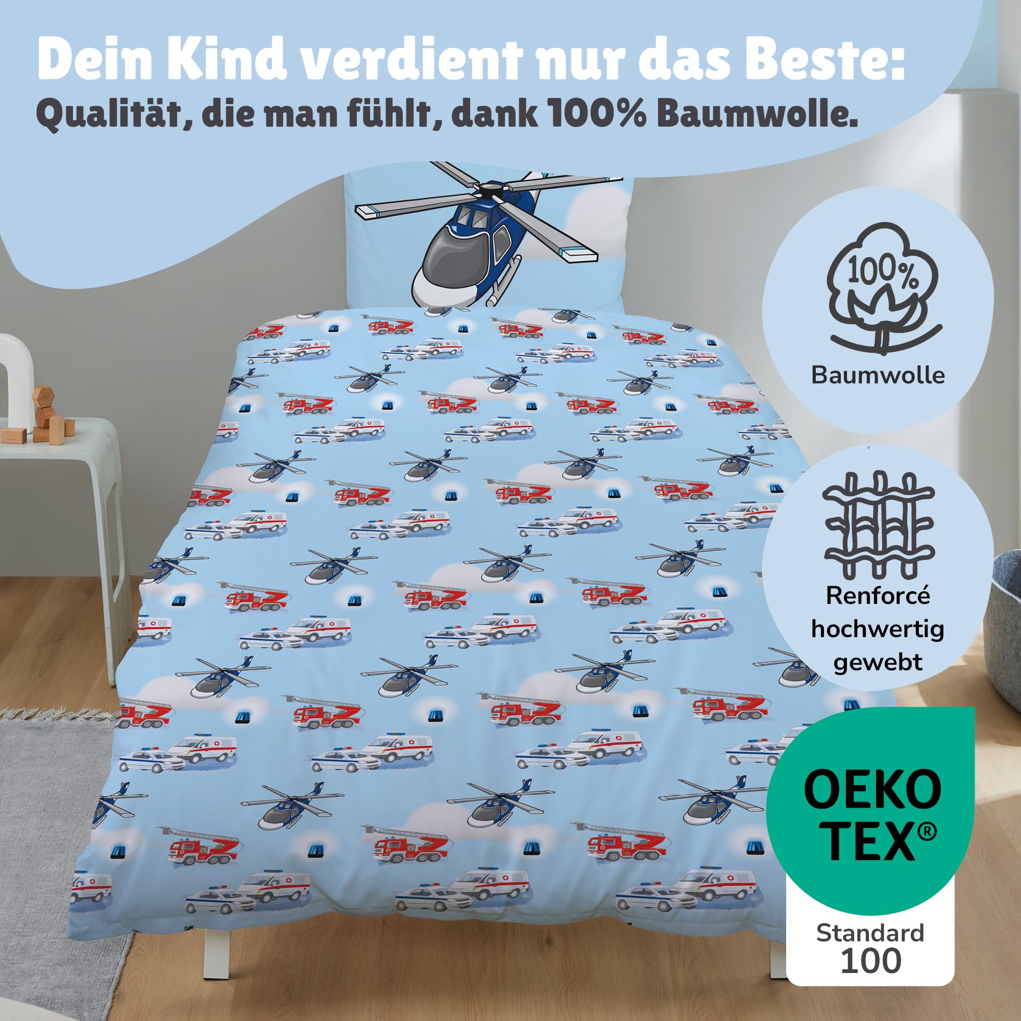 Familando – Polizei & Feuerwehr Bettwäsche-Set (2-teilig) – Decken- & Kissenbezug 135x200 cm & 80x80 cm mit Reißverschluss – 100% Baumwolle – Wendemotiv – Hautfreundlich & atmungsaktiv - Öko-TEX