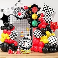 Vista 4 de Juego de 7 globos de fiesta de autos de carreras, semáforo, globos a cuadros, globos de neumáticos, decoración de fiesta de cumpleaños rápida