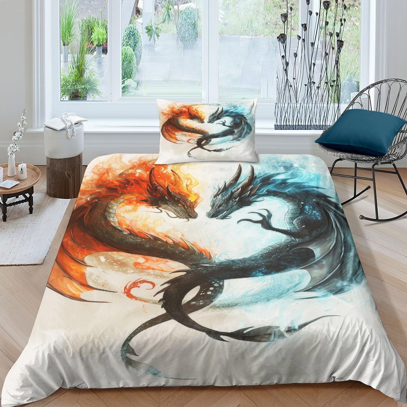 Housse de couette dragon anti transpiration parure lit 3 pièces