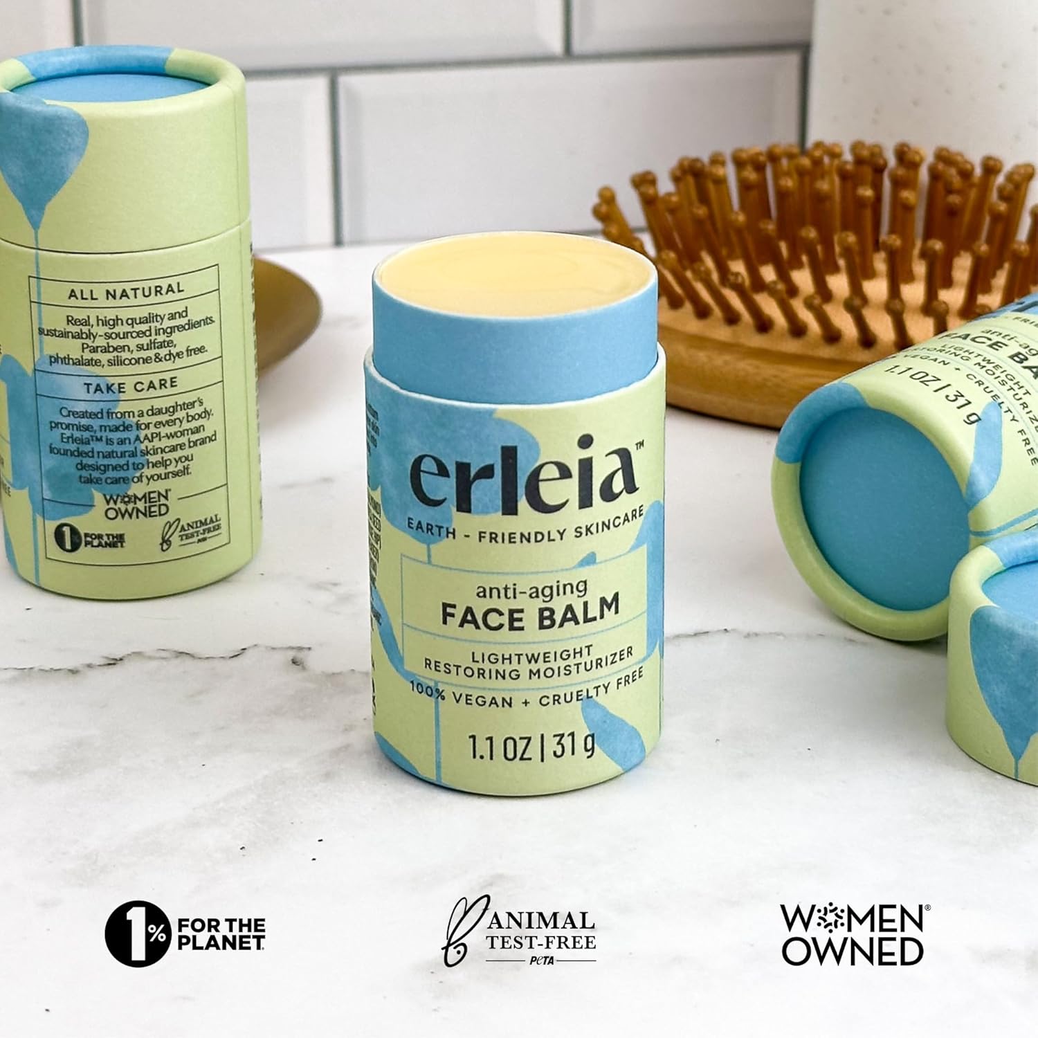 Erleia Solid Face Balm, Anti-Aging Facial Moisturizer, Vegan Cruelty-Free Plastic-Free, Travel-Friendly Skincare, Sustainably Sourced Ingredients