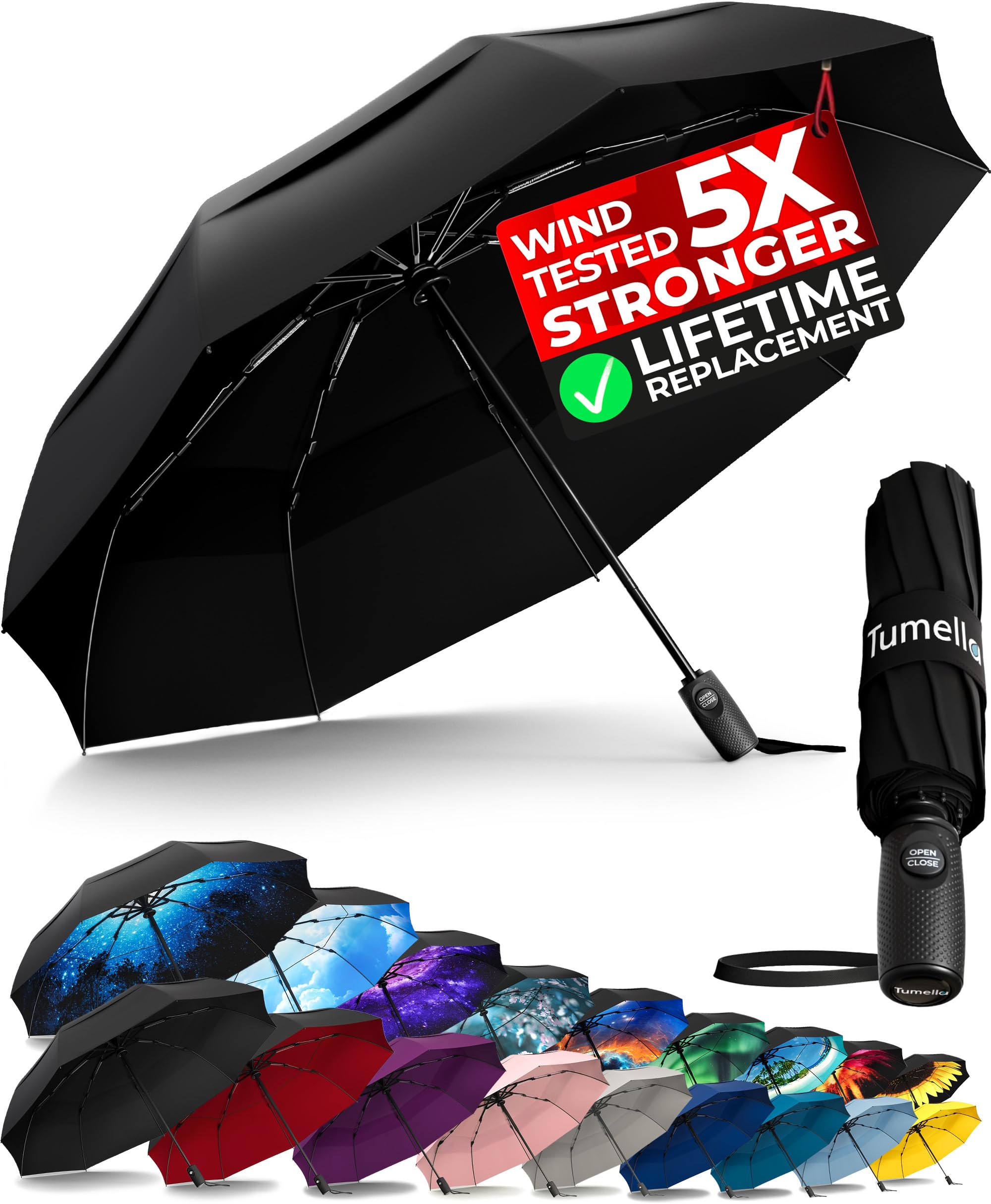 Strongest Windproof Travel Umbrella (Compact, Superior & Beautiful), Small Strong but Light Portable and Automatic Folding Rain Umbrella, Durable Premium Grip, Fits Car & Backpack Black