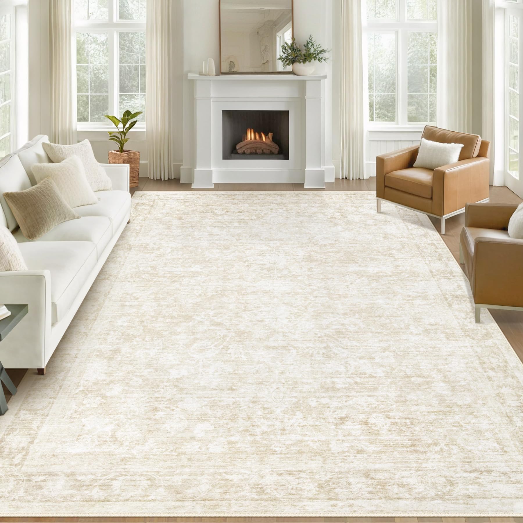 Grand tapis lavable 2,7x3,7m beige style bohème chic pour salon